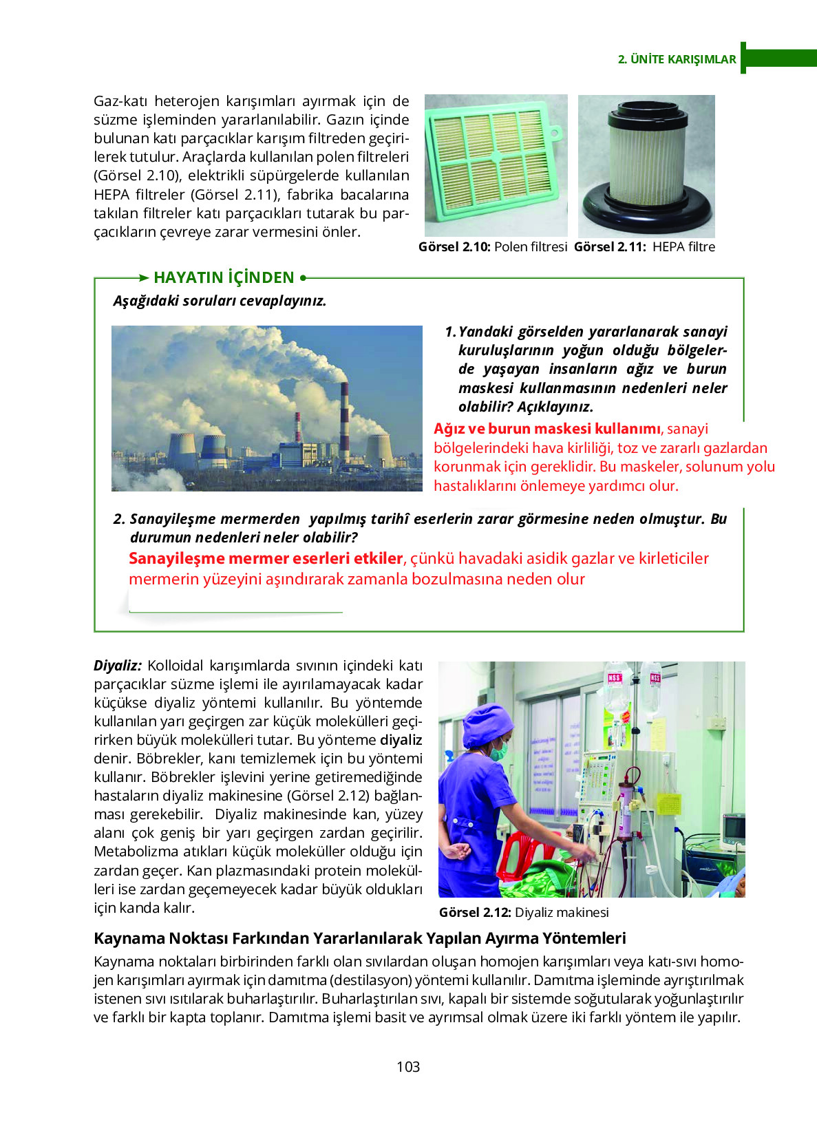 10. Sınıf Meb Yayınları Fen Lisesi Kimya Ders Kitabı Sayfa 103 Cevapları