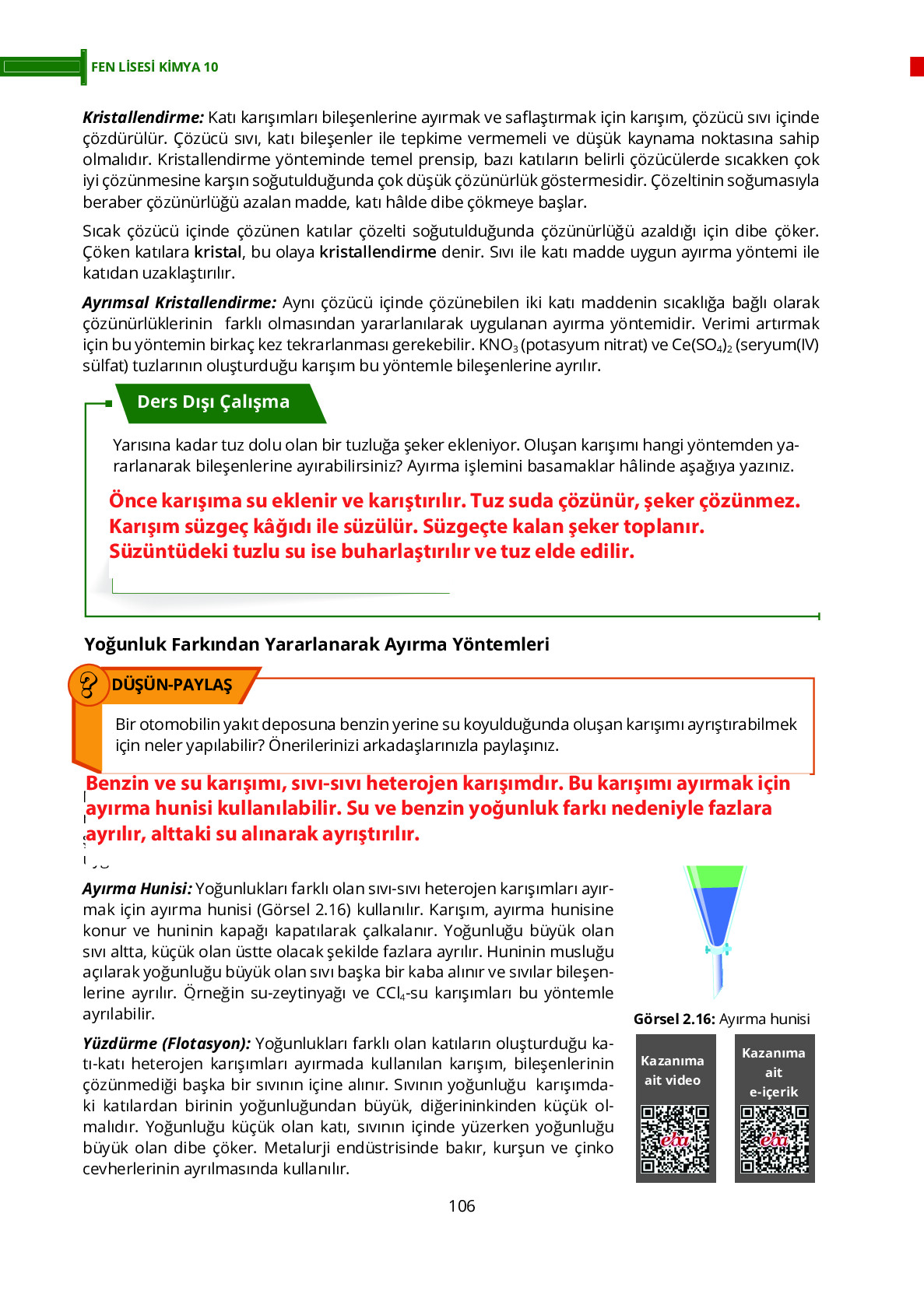 10. Sınıf Meb Yayınları Fen Lisesi Kimya Ders Kitabı Sayfa 106 Cevapları