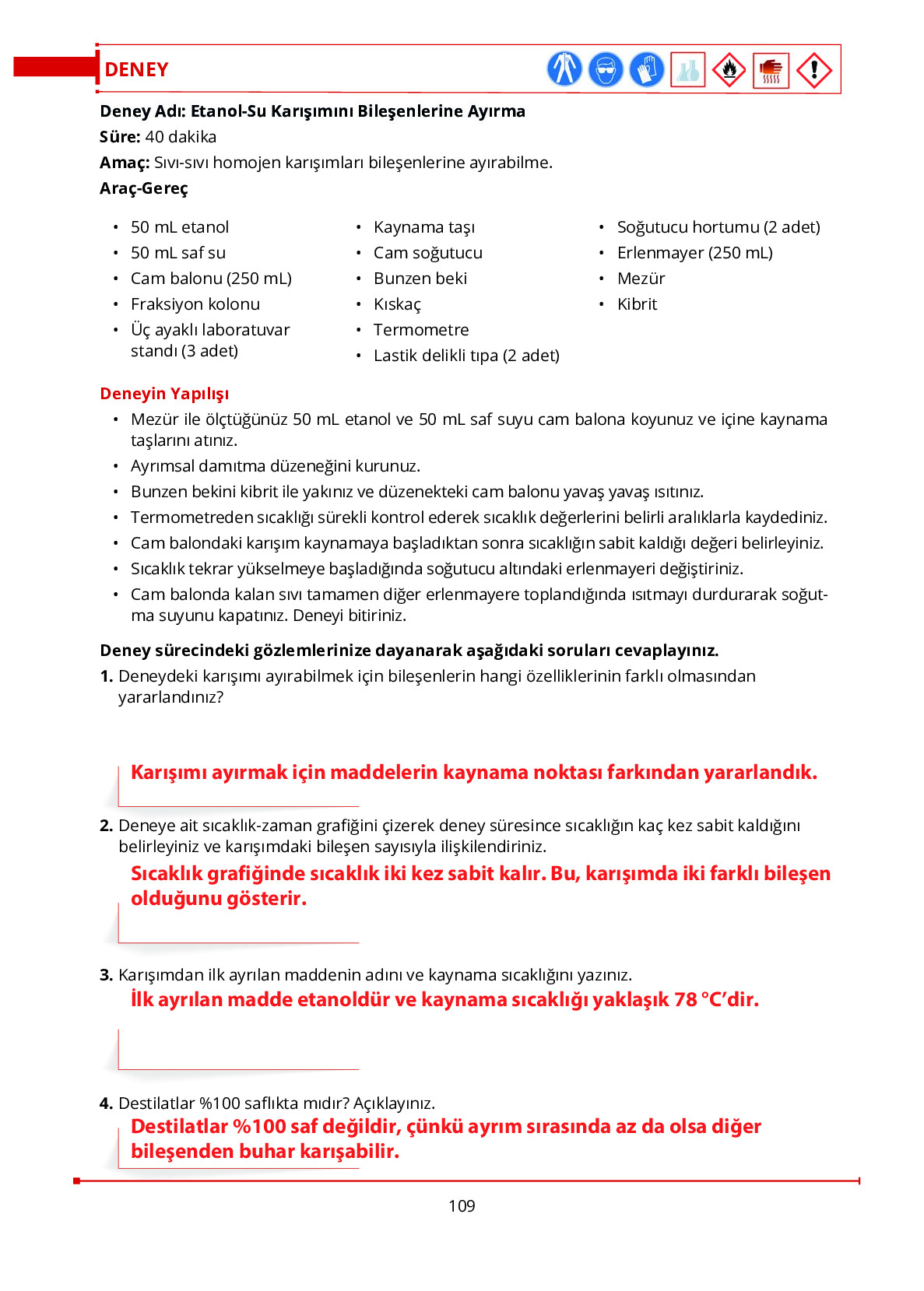 10. Sınıf Meb Yayınları Fen Lisesi Kimya Ders Kitabı Sayfa 109 Cevapları