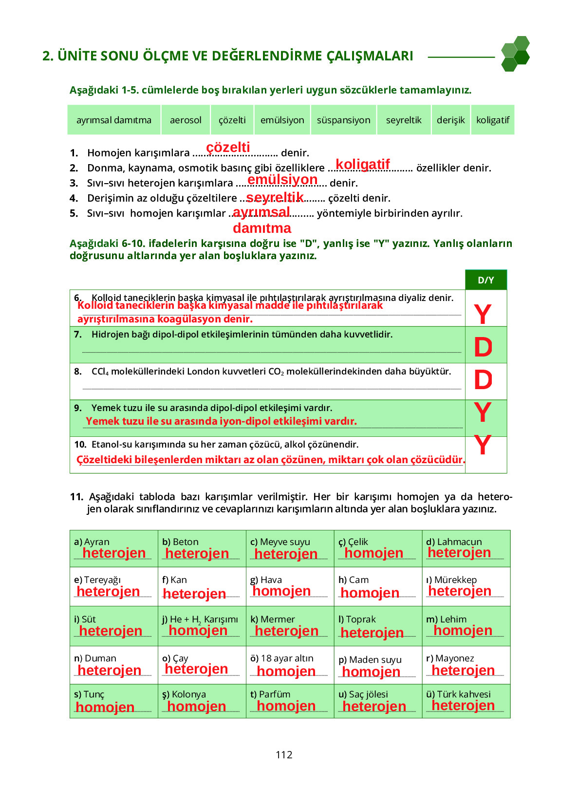 10. Sınıf Meb Yayınları Fen Lisesi Kimya Ders Kitabı Sayfa 112 Cevapları