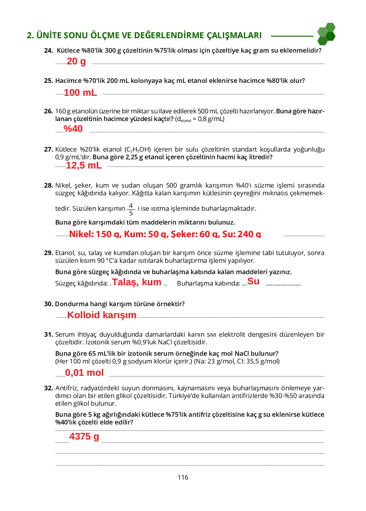 10. Sınıf Meb Yayınları Fen Lisesi Kimya Ders Kitabı Sayfa 116 Cevapları