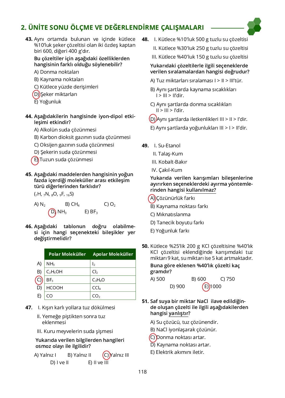 10. Sınıf Meb Yayınları Fen Lisesi Kimya Ders Kitabı Sayfa 118 Cevapları