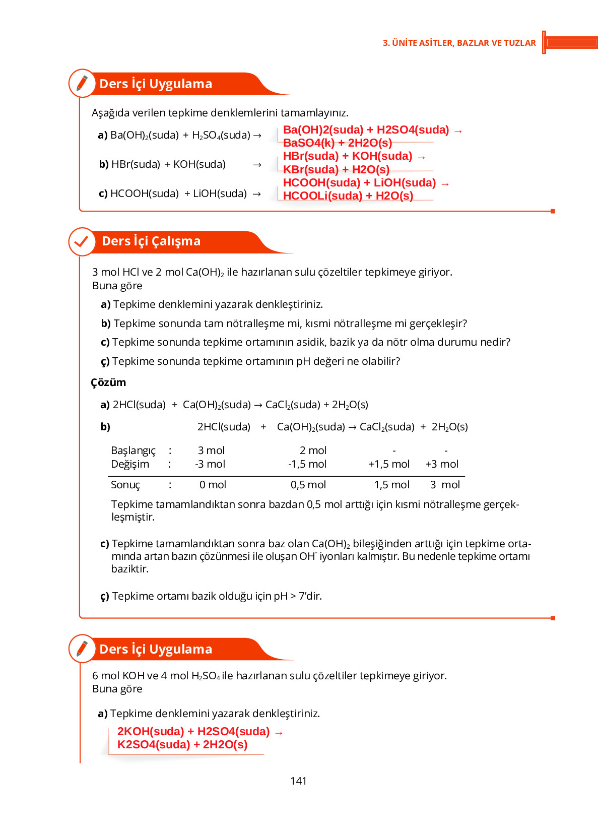 10. Sınıf Meb Yayınları Fen Lisesi Kimya Ders Kitabı Sayfa 141 Cevapları