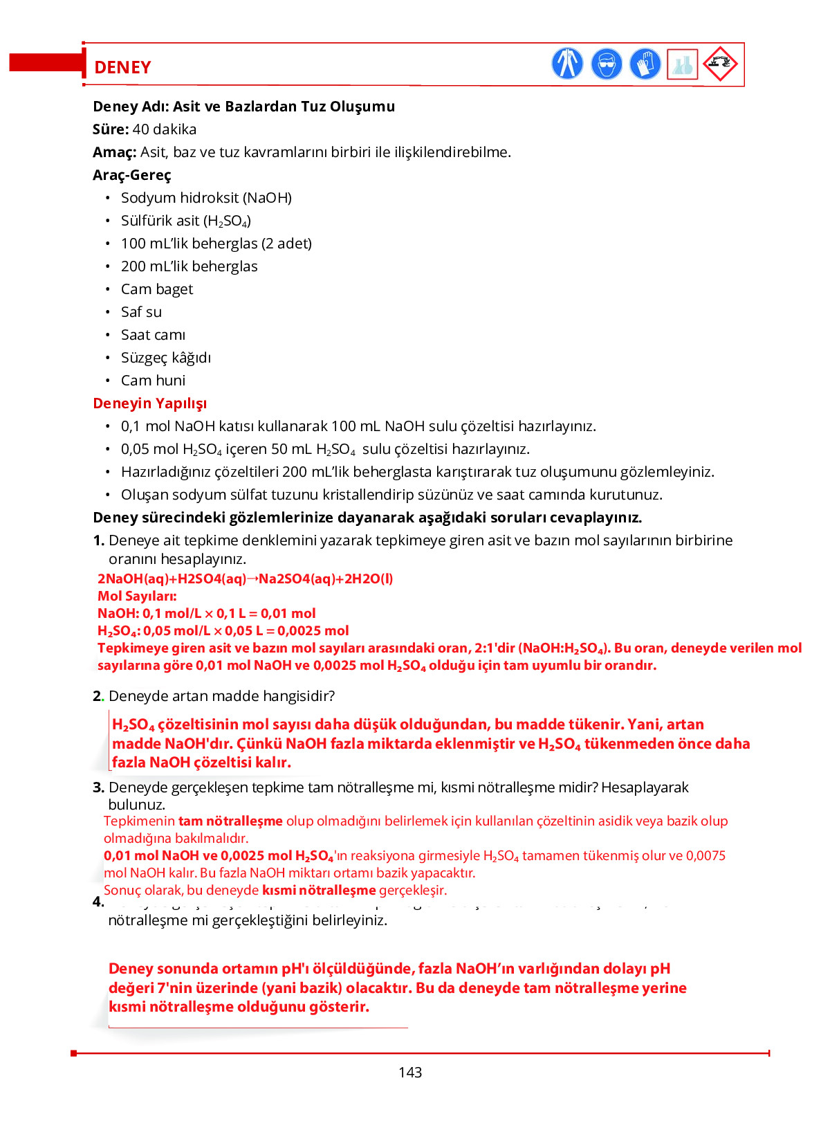 10. Sınıf Meb Yayınları Fen Lisesi Kimya Ders Kitabı Sayfa 143 Cevapları