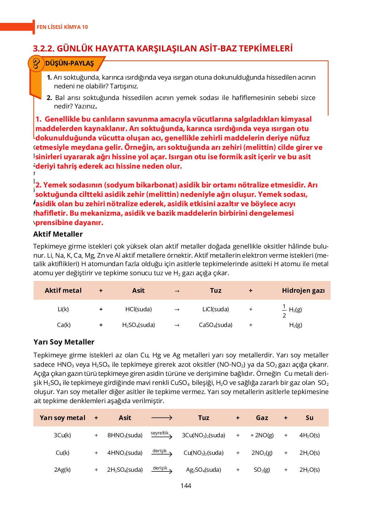10. Sınıf Meb Yayınları Fen Lisesi Kimya Ders Kitabı Sayfa 144 Cevapları