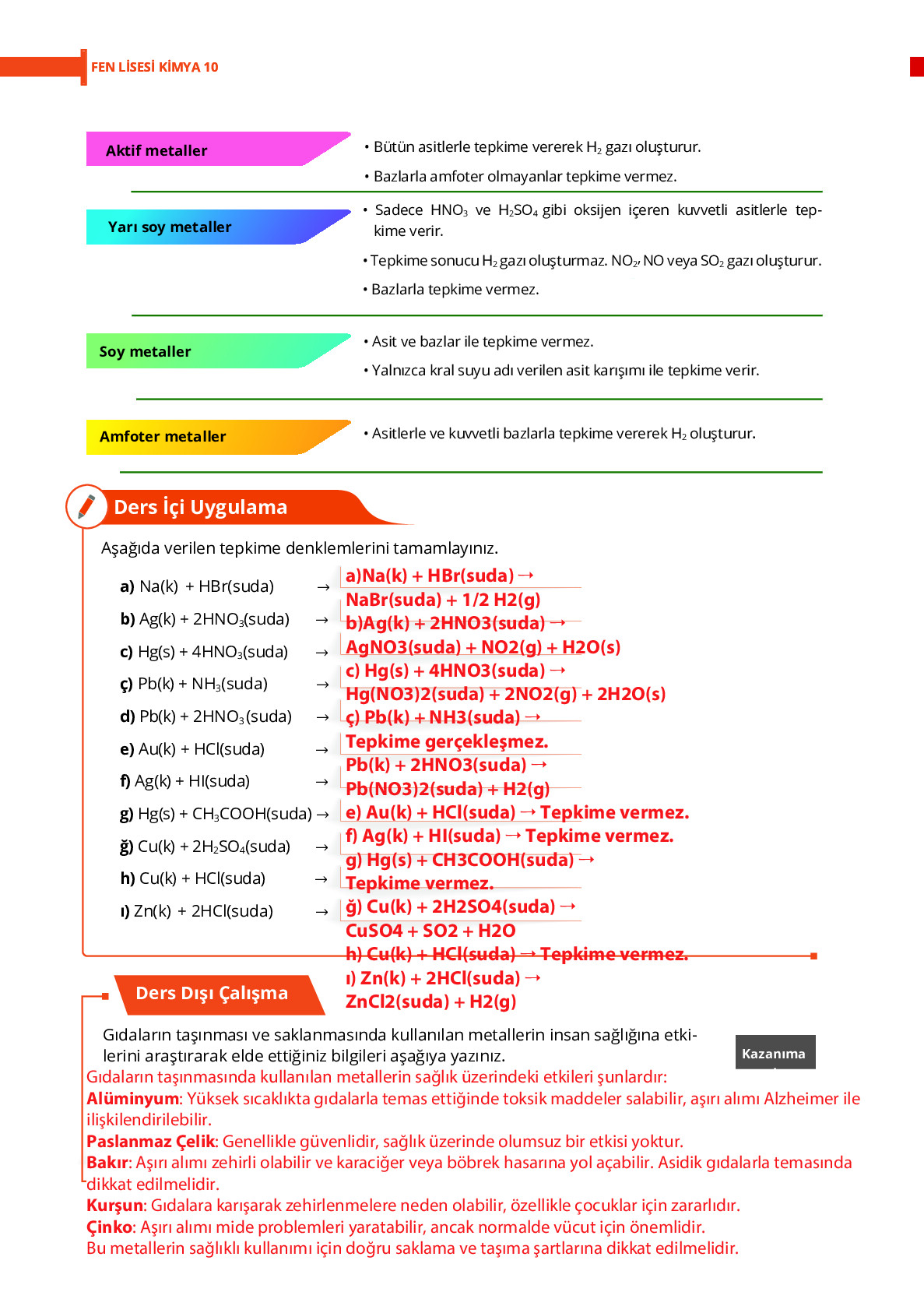 10. Sınıf Meb Yayınları Fen Lisesi Kimya Ders Kitabı Sayfa 146 Cevapları
