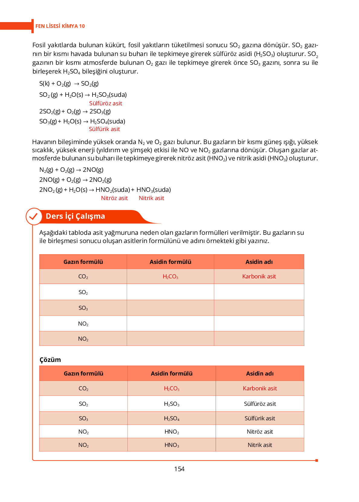 10. Sınıf Meb Yayınları Fen Lisesi Kimya Ders Kitabı Sayfa 154 Cevapları