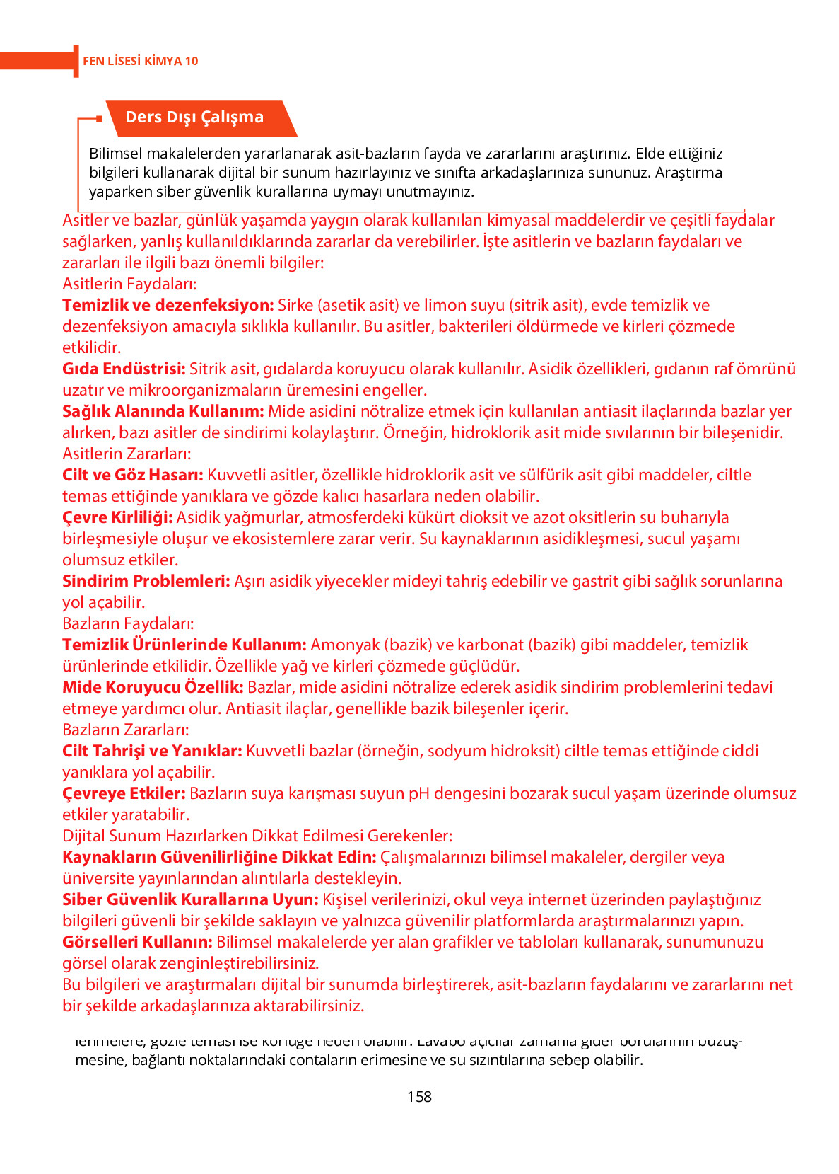 10. Sınıf Meb Yayınları Fen Lisesi Kimya Ders Kitabı Sayfa 158 Cevapları