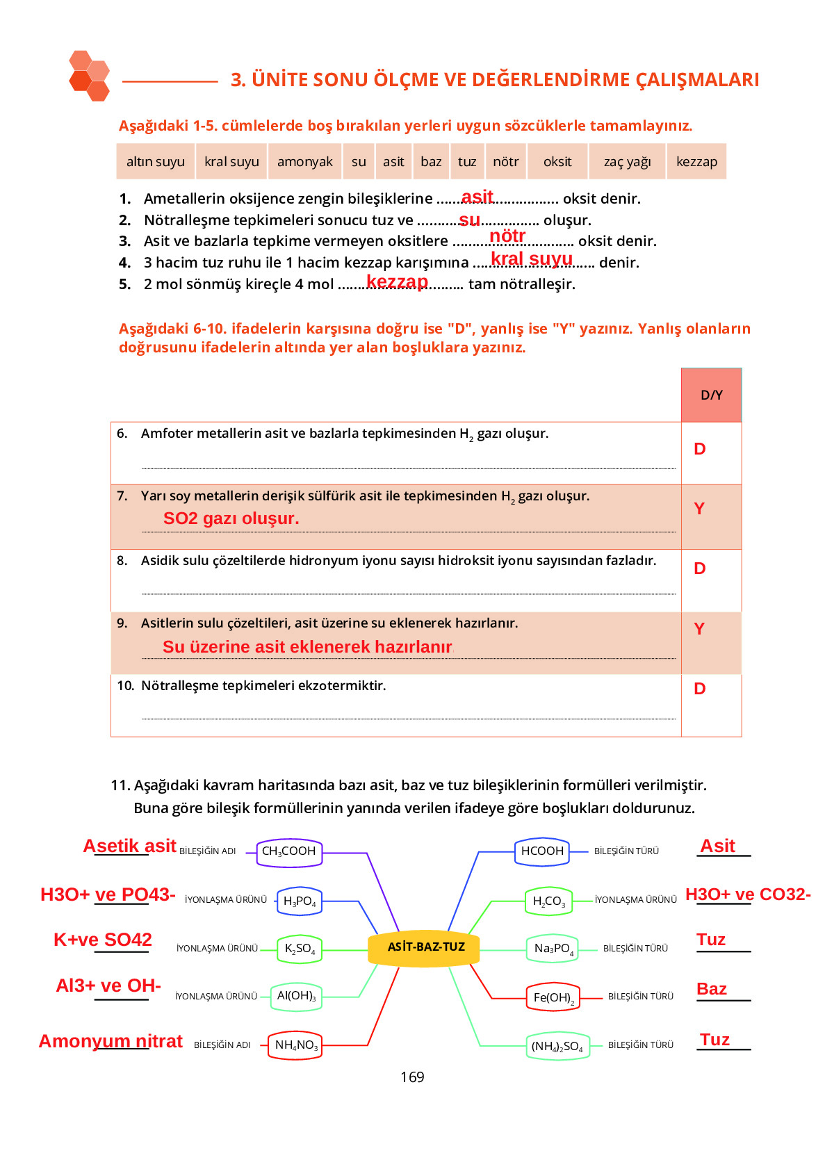 10. Sınıf Meb Yayınları Fen Lisesi Kimya Ders Kitabı Sayfa 169 Cevapları