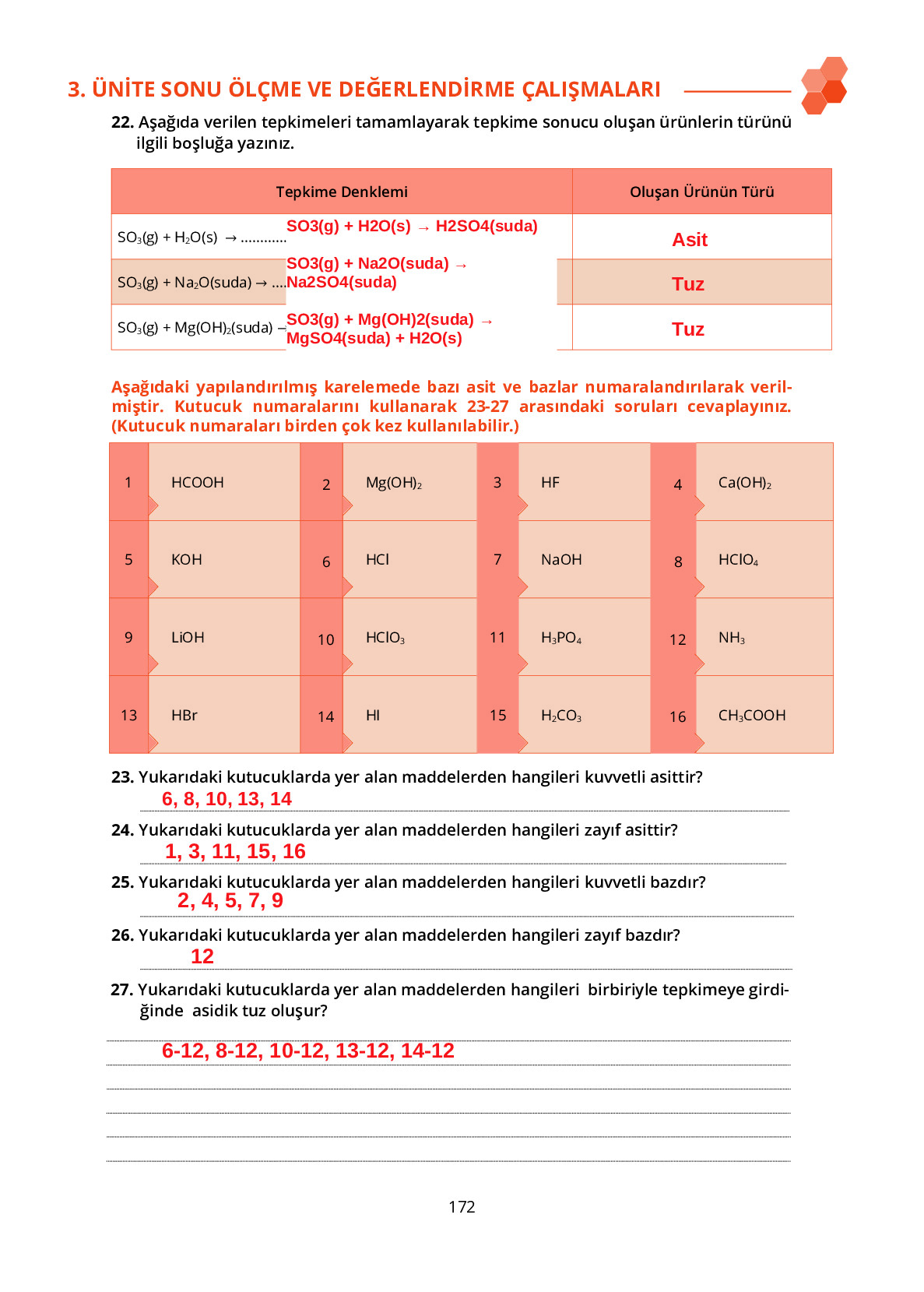 10. Sınıf Meb Yayınları Fen Lisesi Kimya Ders Kitabı Sayfa 172 Cevapları