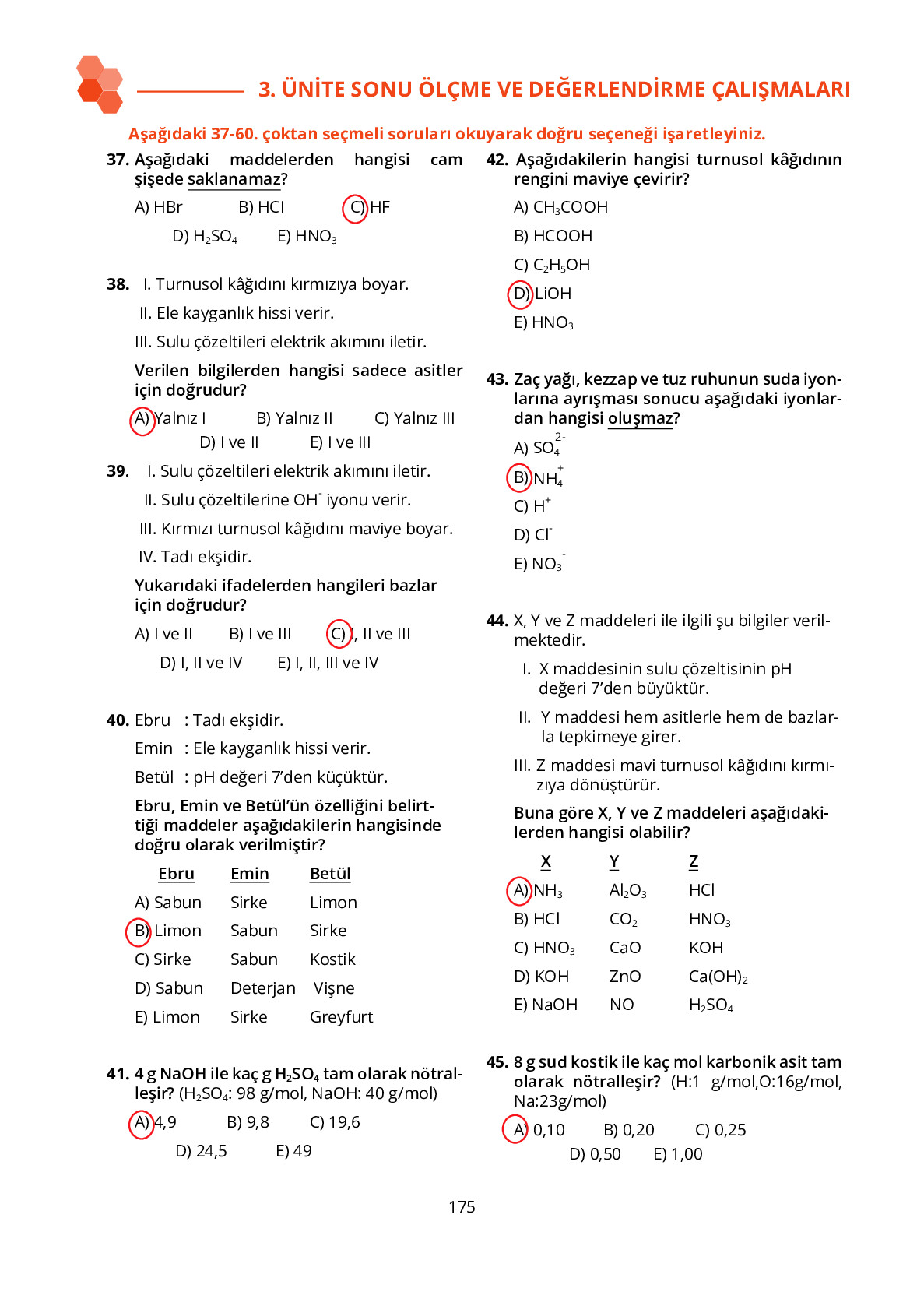 10. Sınıf Meb Yayınları Fen Lisesi Kimya Ders Kitabı Sayfa 175 Cevapları