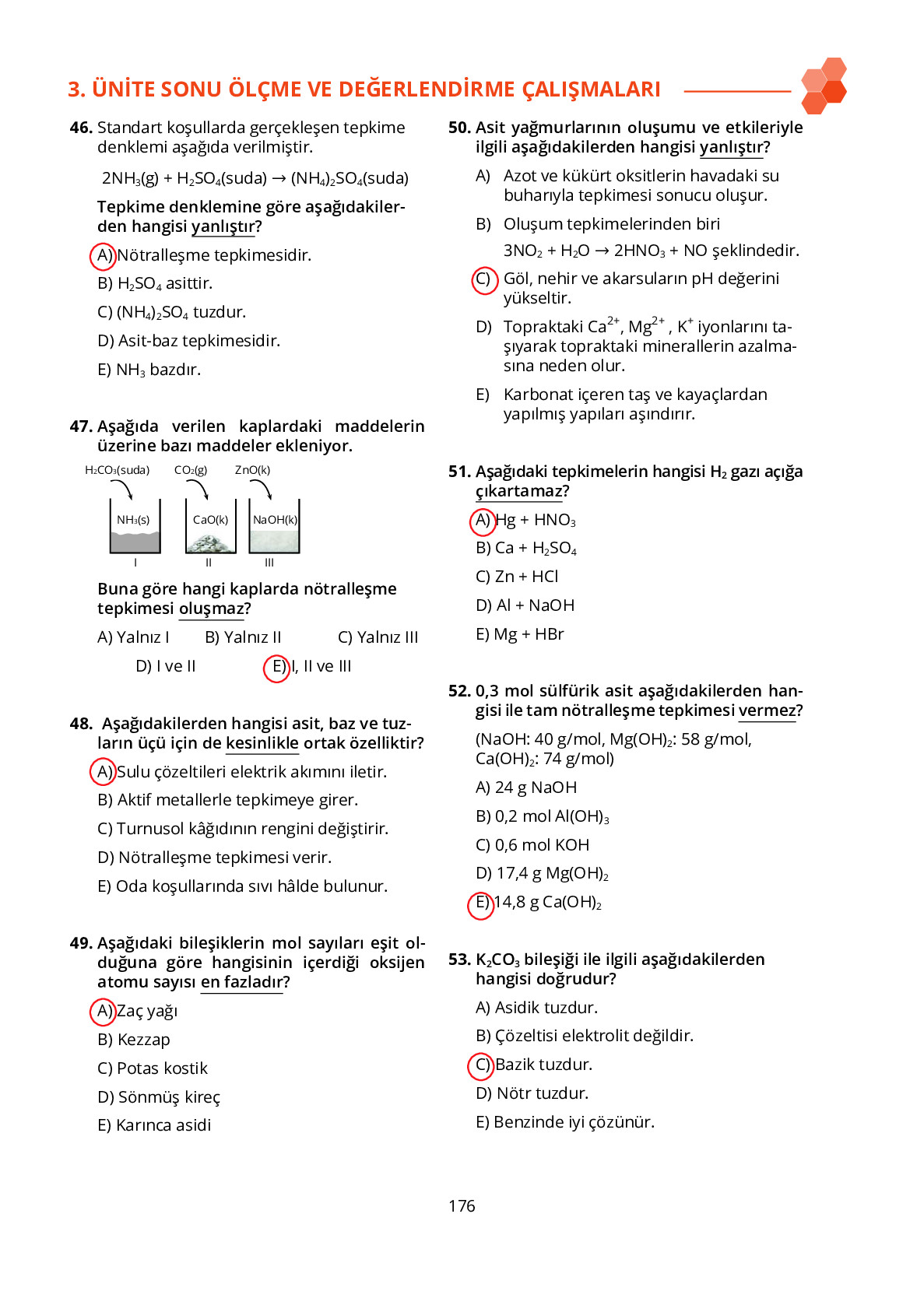 10. Sınıf Meb Yayınları Fen Lisesi Kimya Ders Kitabı Sayfa 176 Cevapları
