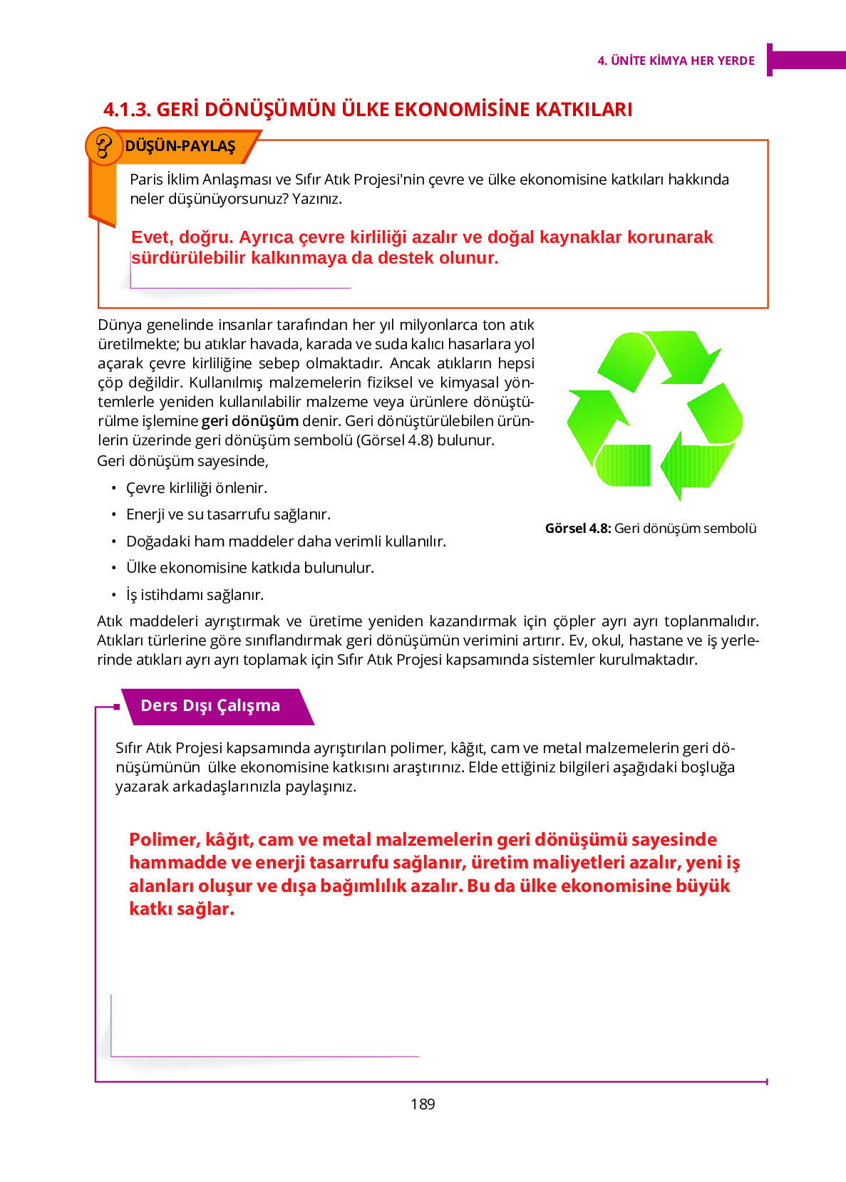 10. Sınıf Meb Yayınları Fen Lisesi Kimya Ders Kitabı Sayfa 189 Cevapları