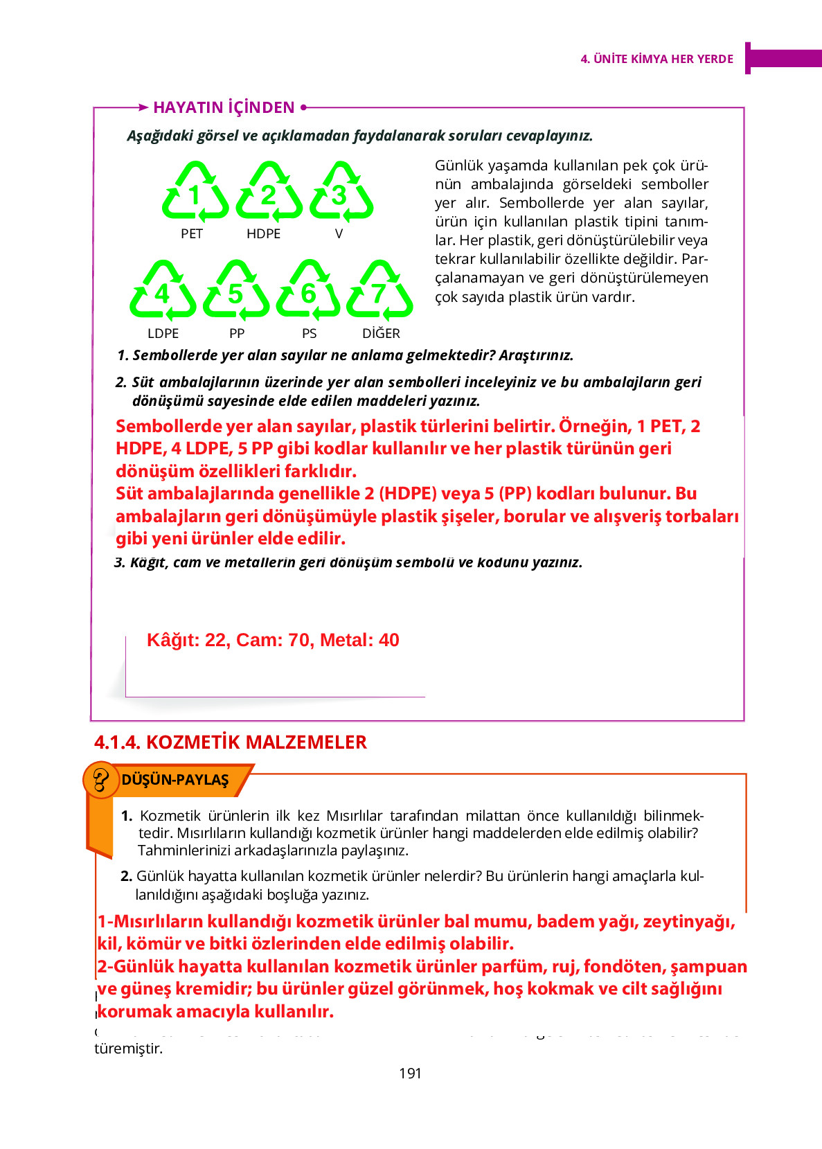 10. Sınıf Meb Yayınları Fen Lisesi Kimya Ders Kitabı Sayfa 191 Cevapları