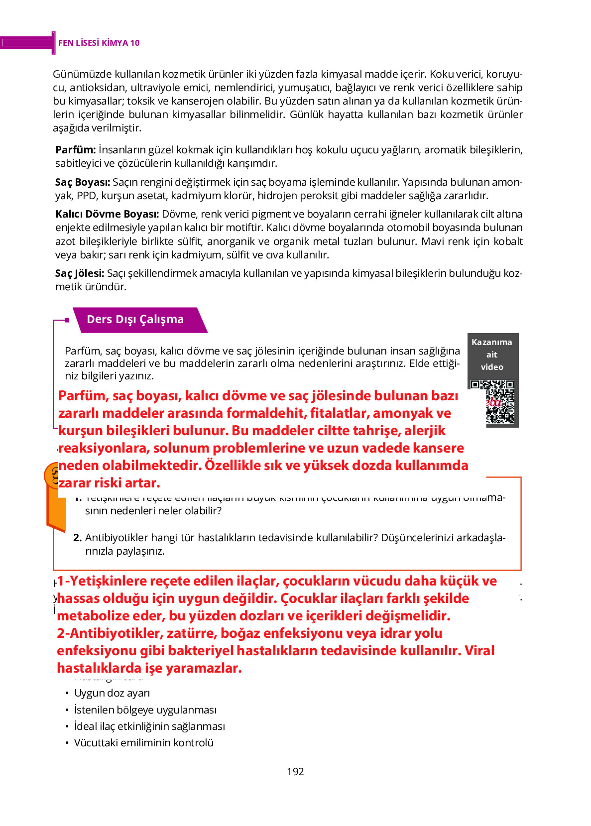 10. Sınıf Meb Yayınları Fen Lisesi Kimya Ders Kitabı Sayfa 192 Cevapları