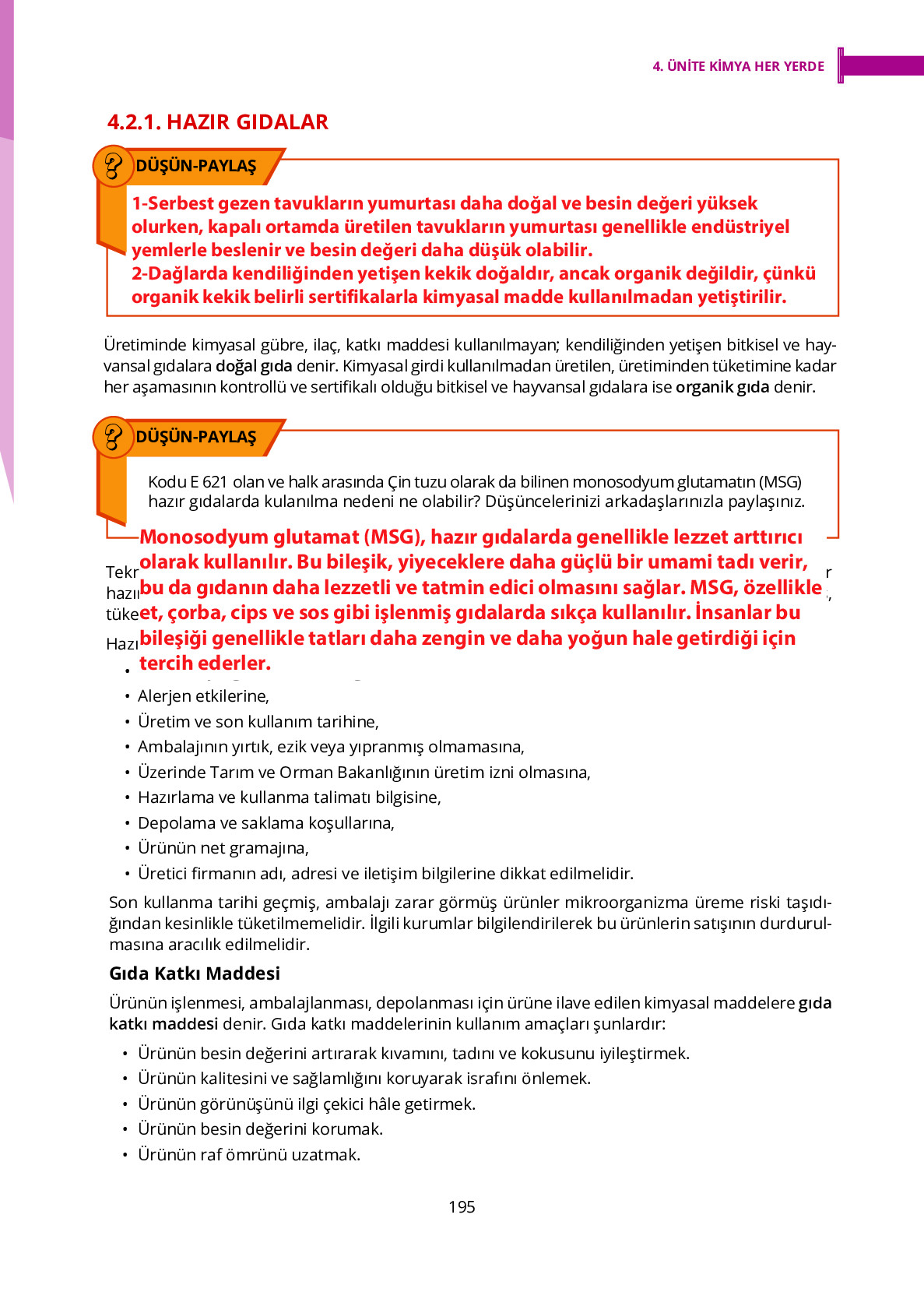 10. Sınıf Meb Yayınları Fen Lisesi Kimya Ders Kitabı Sayfa 195 Cevapları