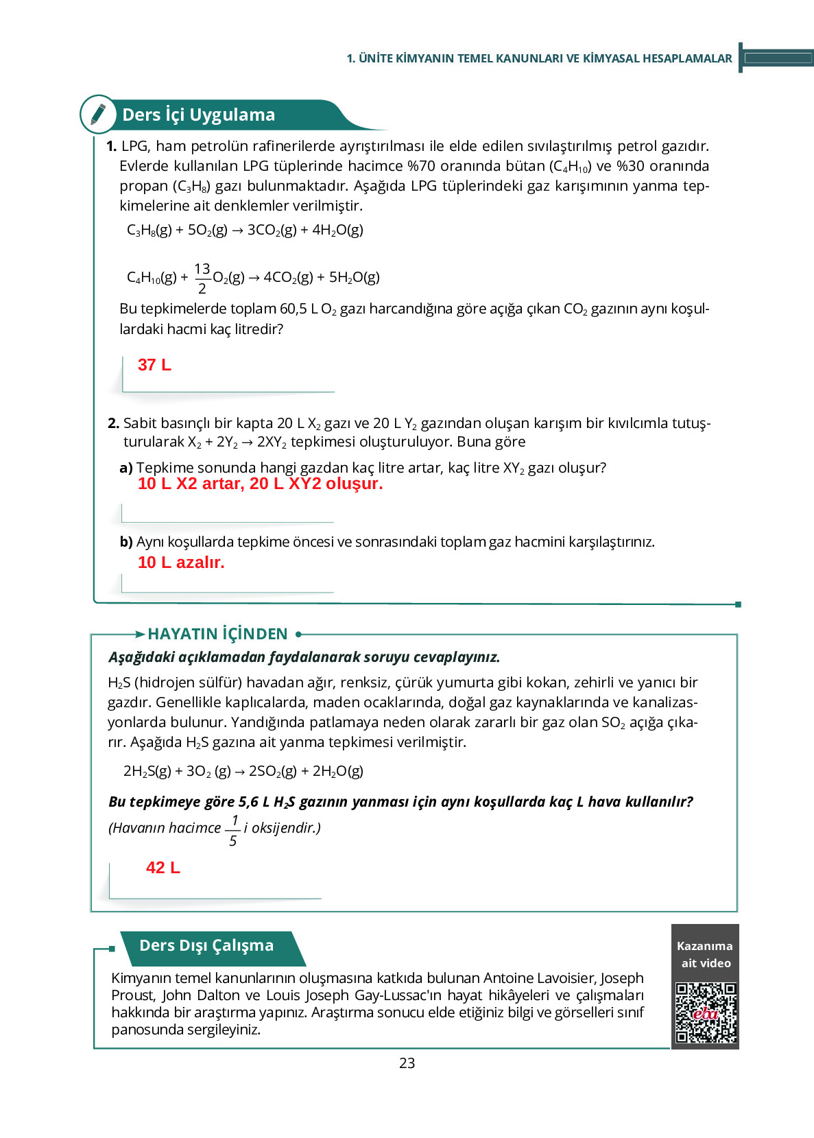 10. Sınıf Meb Yayınları Fen Lisesi Kimya Ders Kitabı Sayfa 23 Cevapları