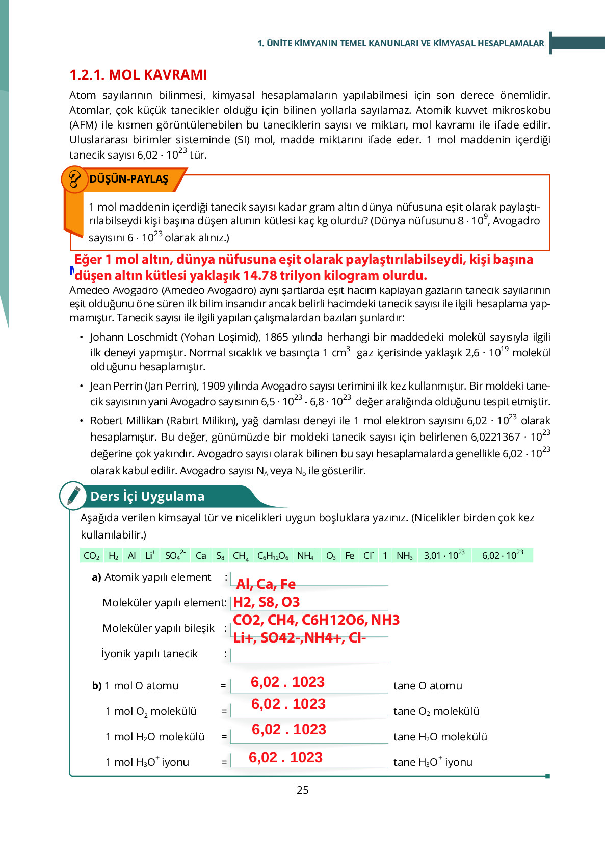 10. Sınıf Meb Yayınları Fen Lisesi Kimya Ders Kitabı Sayfa 25 Cevapları