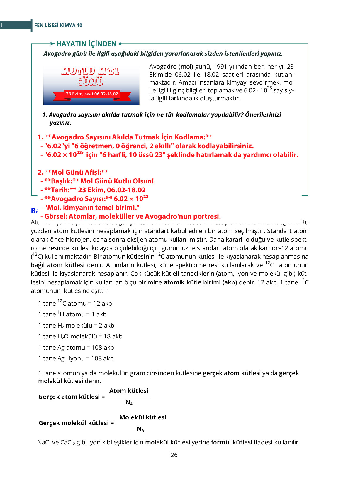 10. Sınıf Meb Yayınları Fen Lisesi Kimya Ders Kitabı Sayfa 26 Cevapları