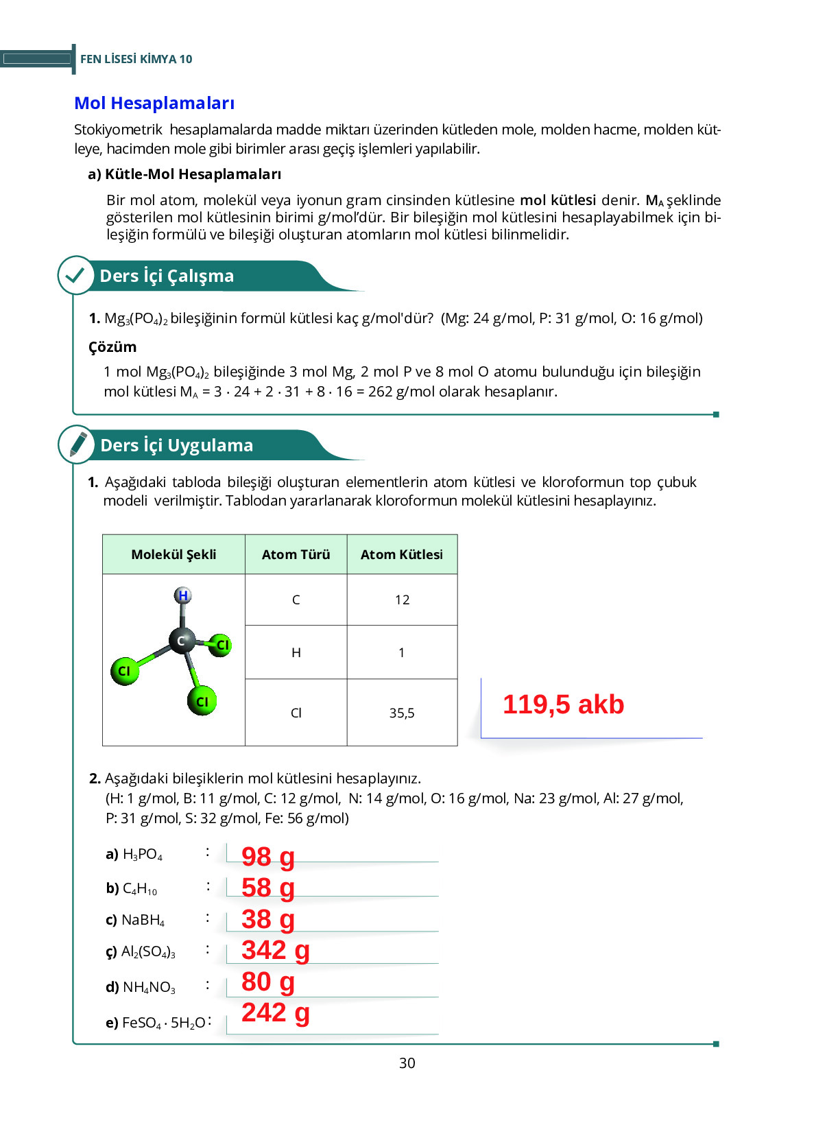 10. Sınıf Meb Yayınları Fen Lisesi Kimya Ders Kitabı Sayfa 30 Cevapları