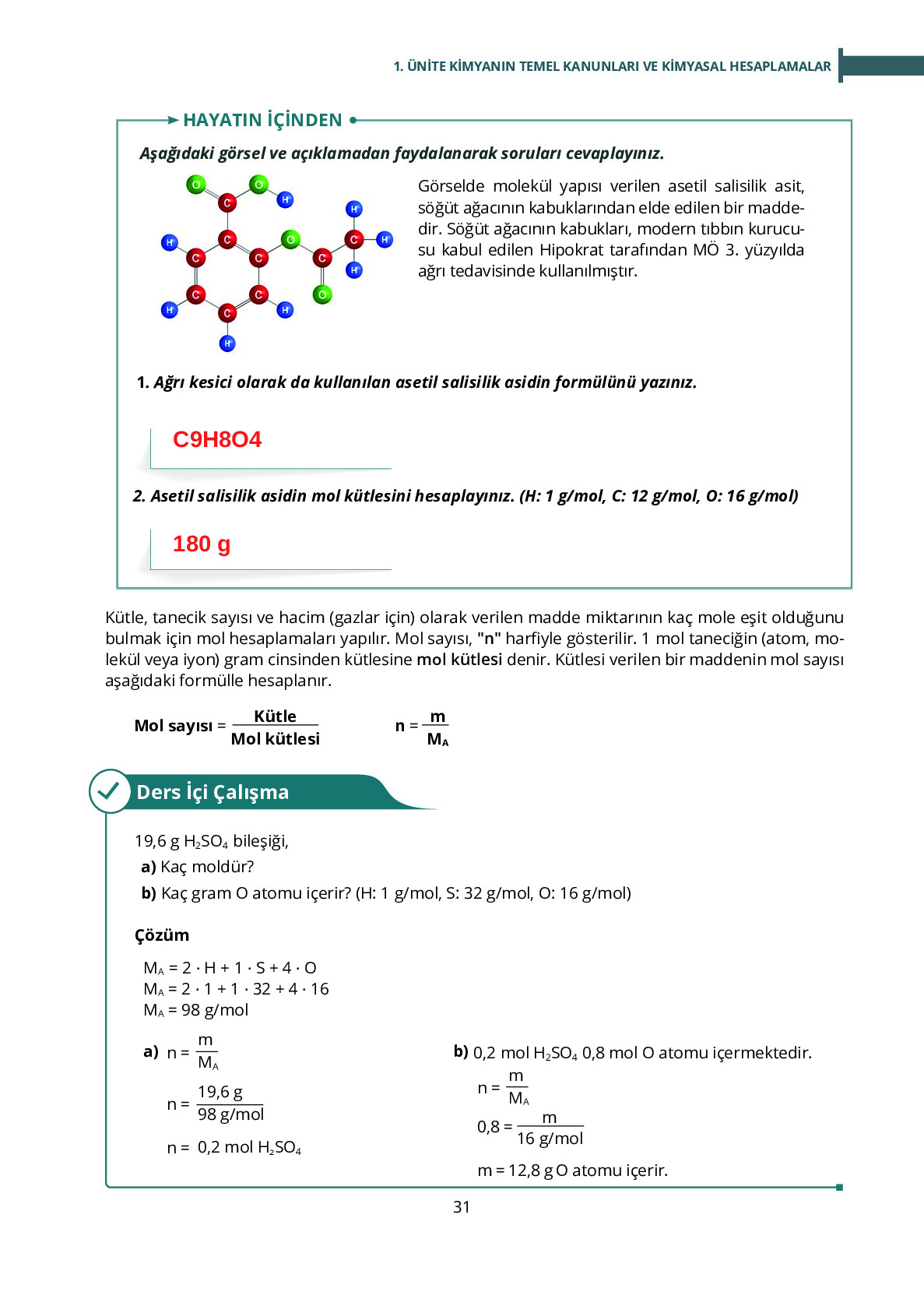 10. Sınıf Meb Yayınları Fen Lisesi Kimya Ders Kitabı Sayfa 31 Cevapları