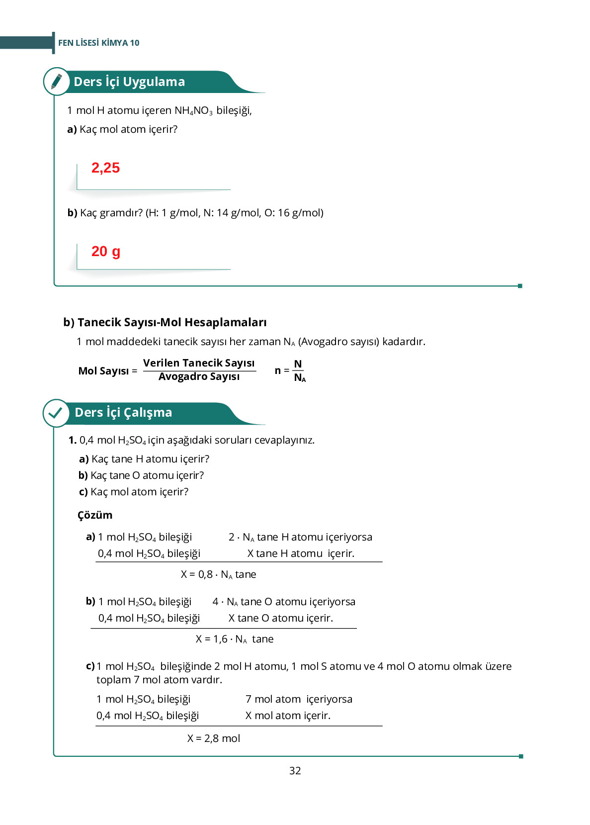 10. Sınıf Meb Yayınları Fen Lisesi Kimya Ders Kitabı Sayfa 32 Cevapları