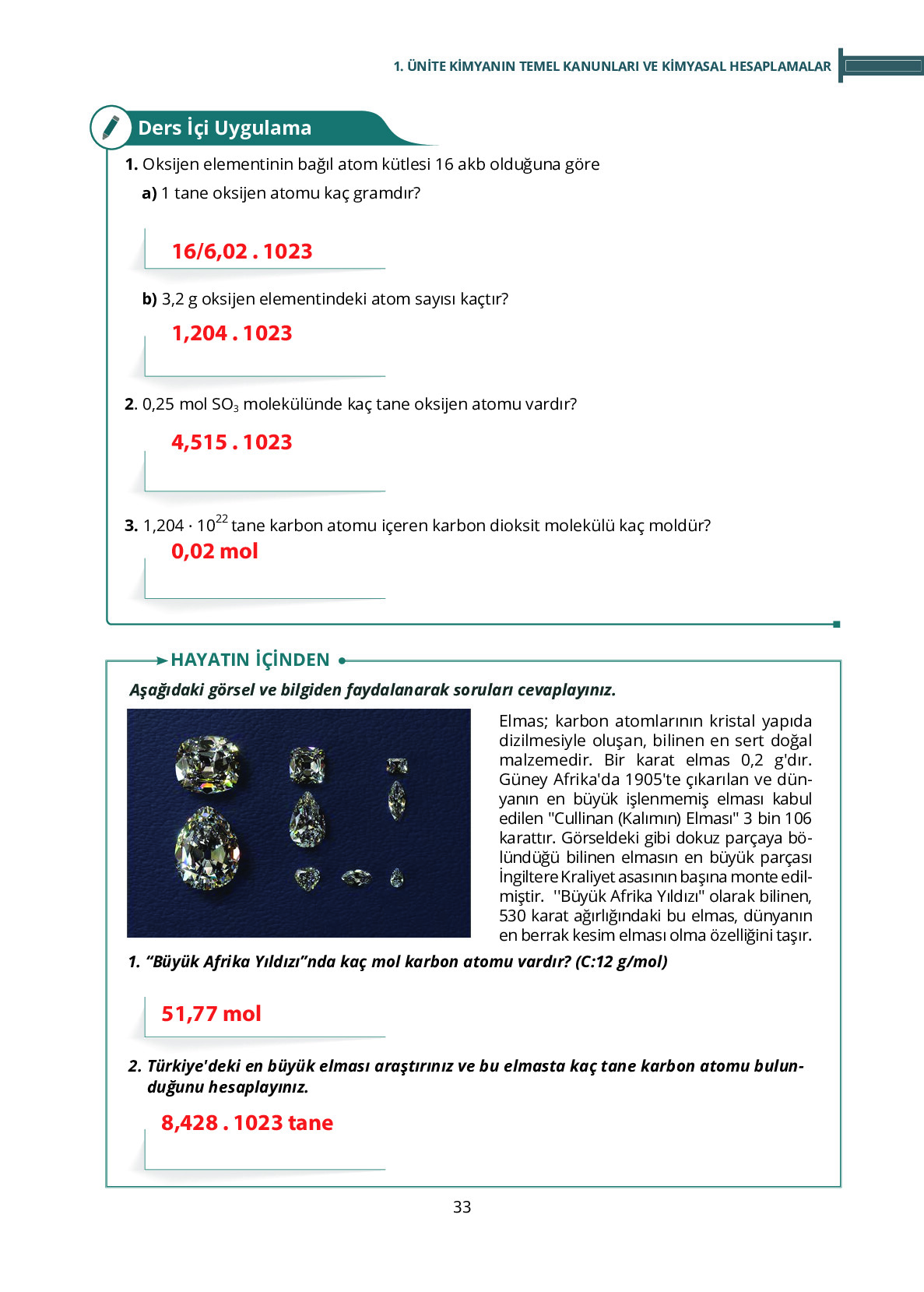 10. Sınıf Meb Yayınları Fen Lisesi Kimya Ders Kitabı Sayfa 33 Cevapları