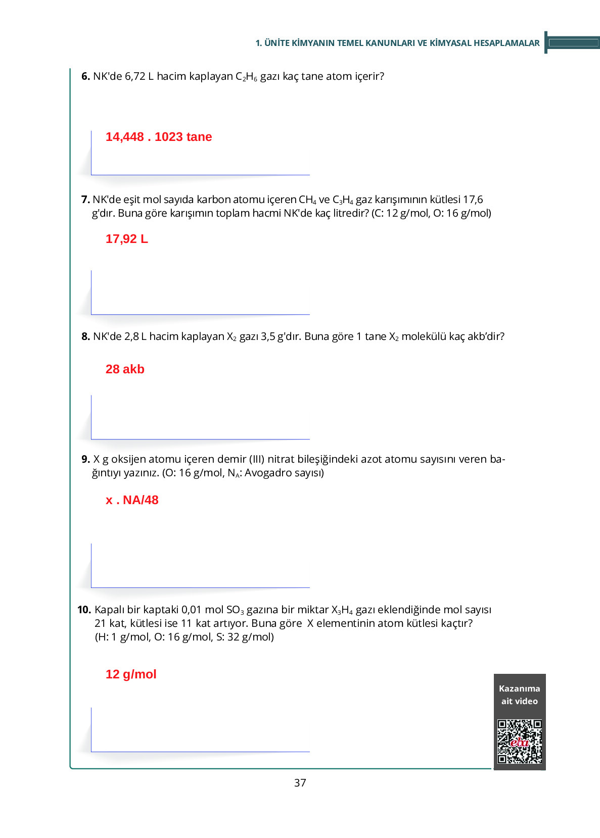 10. Sınıf Meb Yayınları Fen Lisesi Kimya Ders Kitabı Sayfa 37 Cevapları