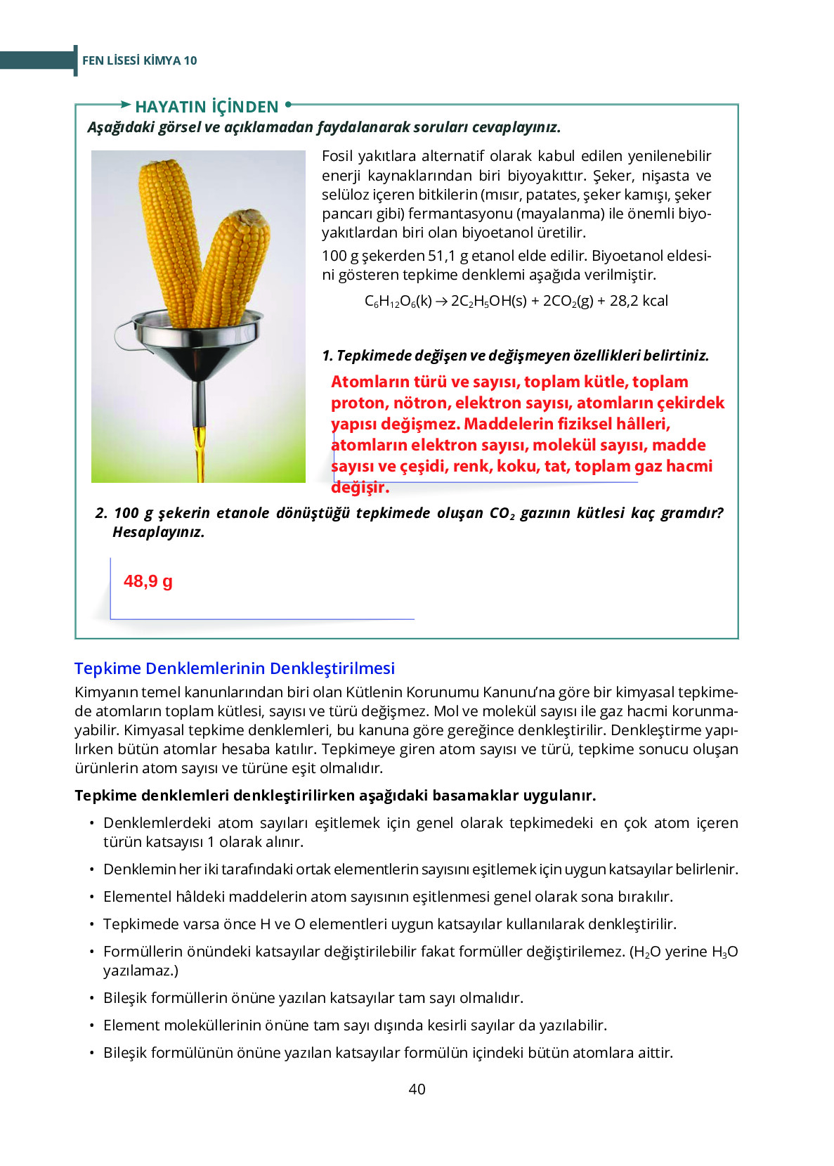 10. Sınıf Meb Yayınları Fen Lisesi Kimya Ders Kitabı Sayfa 40 Cevapları