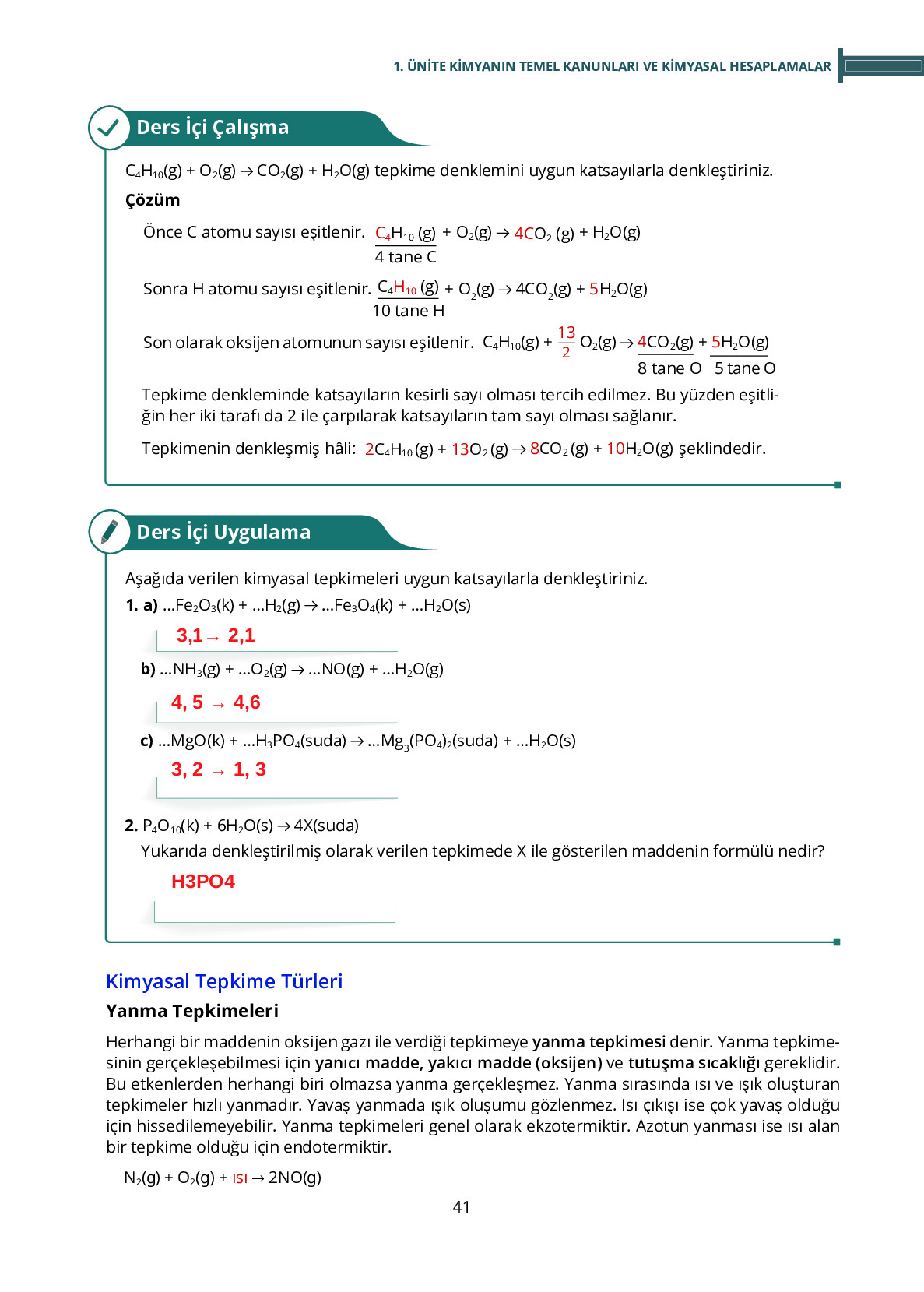 10. Sınıf Meb Yayınları Fen Lisesi Kimya Ders Kitabı Sayfa 41 Cevapları