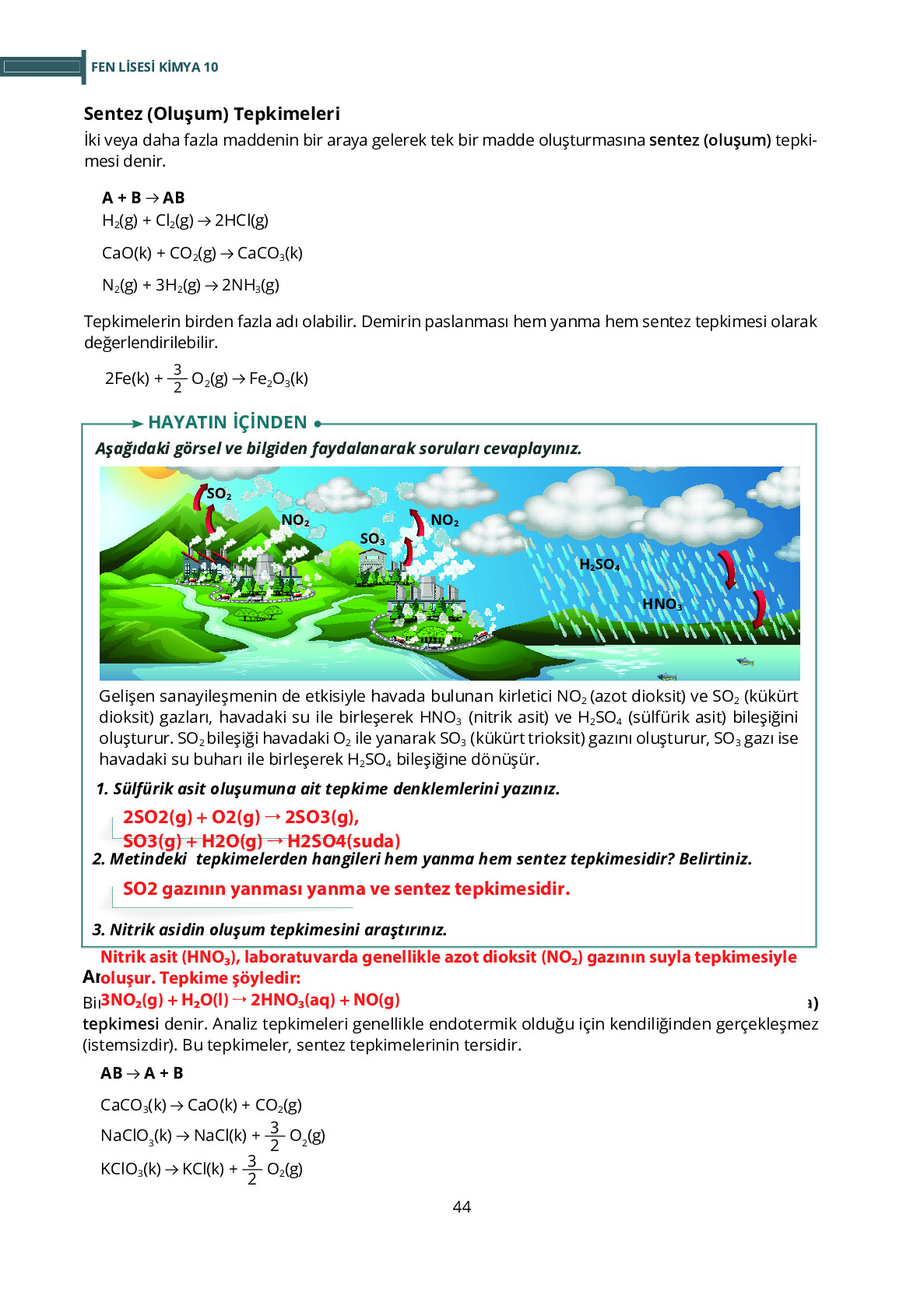 10. Sınıf Meb Yayınları Fen Lisesi Kimya Ders Kitabı Sayfa 44 Cevapları