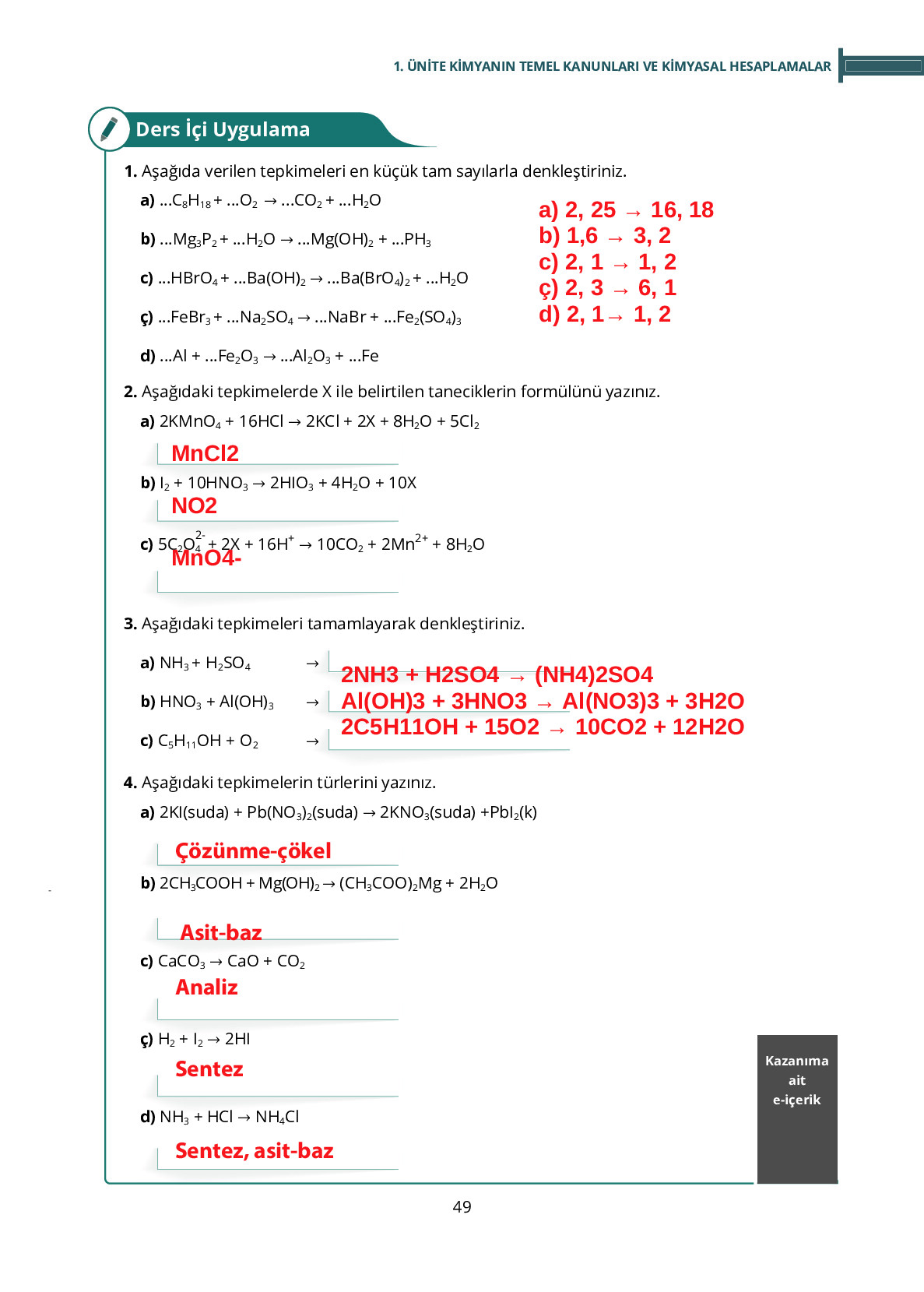 10. Sınıf Meb Yayınları Fen Lisesi Kimya Ders Kitabı Sayfa 49 Cevapları