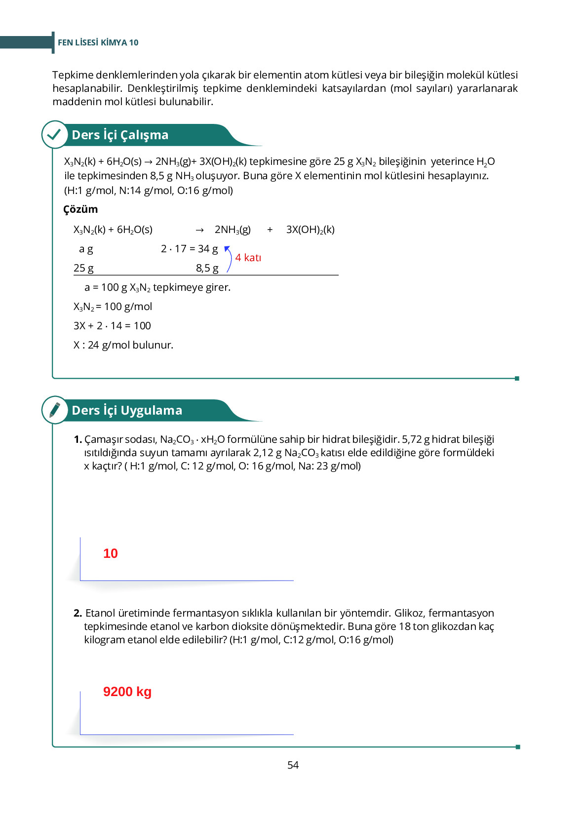 10. Sınıf Meb Yayınları Fen Lisesi Kimya Ders Kitabı Sayfa 54 Cevapları