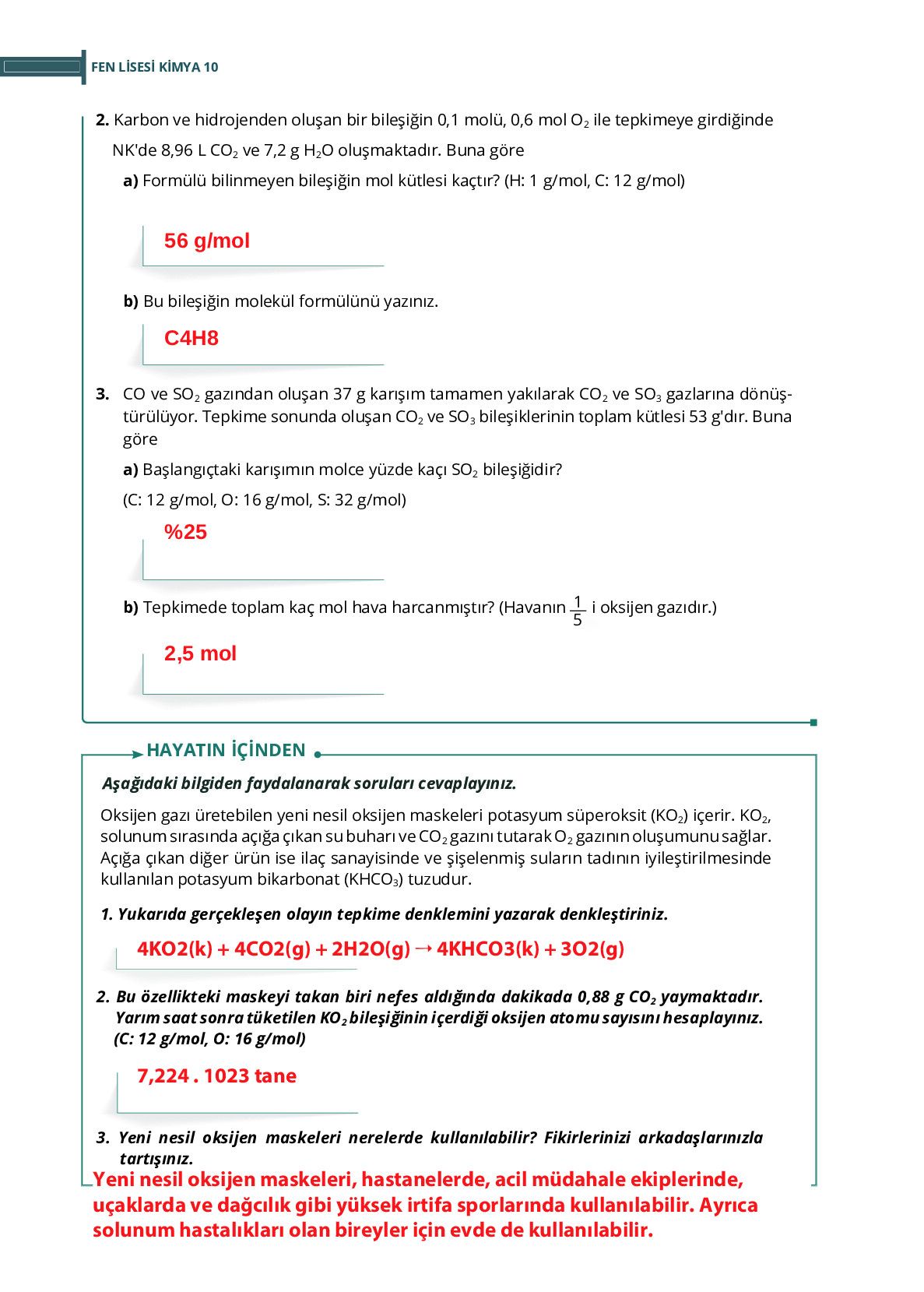 10. Sınıf Meb Yayınları Fen Lisesi Kimya Ders Kitabı Sayfa 56 Cevapları