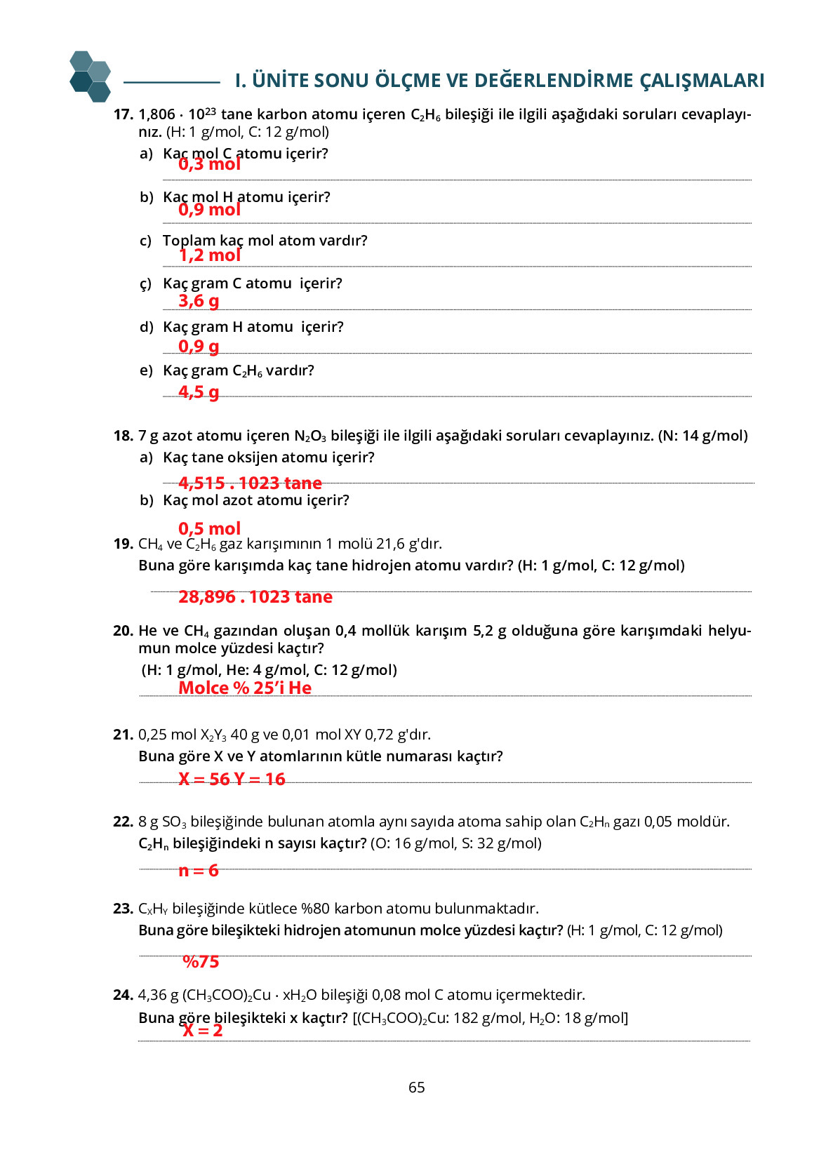 10. Sınıf Meb Yayınları Fen Lisesi Kimya Ders Kitabı Sayfa 65 Cevapları