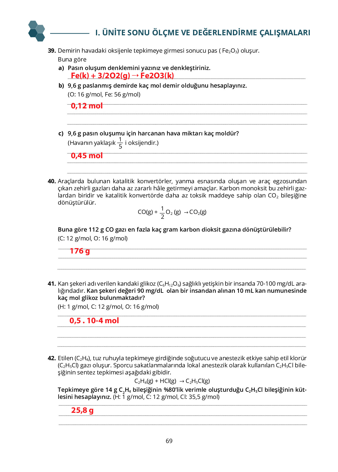 10. Sınıf Meb Yayınları Fen Lisesi Kimya Ders Kitabı Sayfa 69 Cevapları