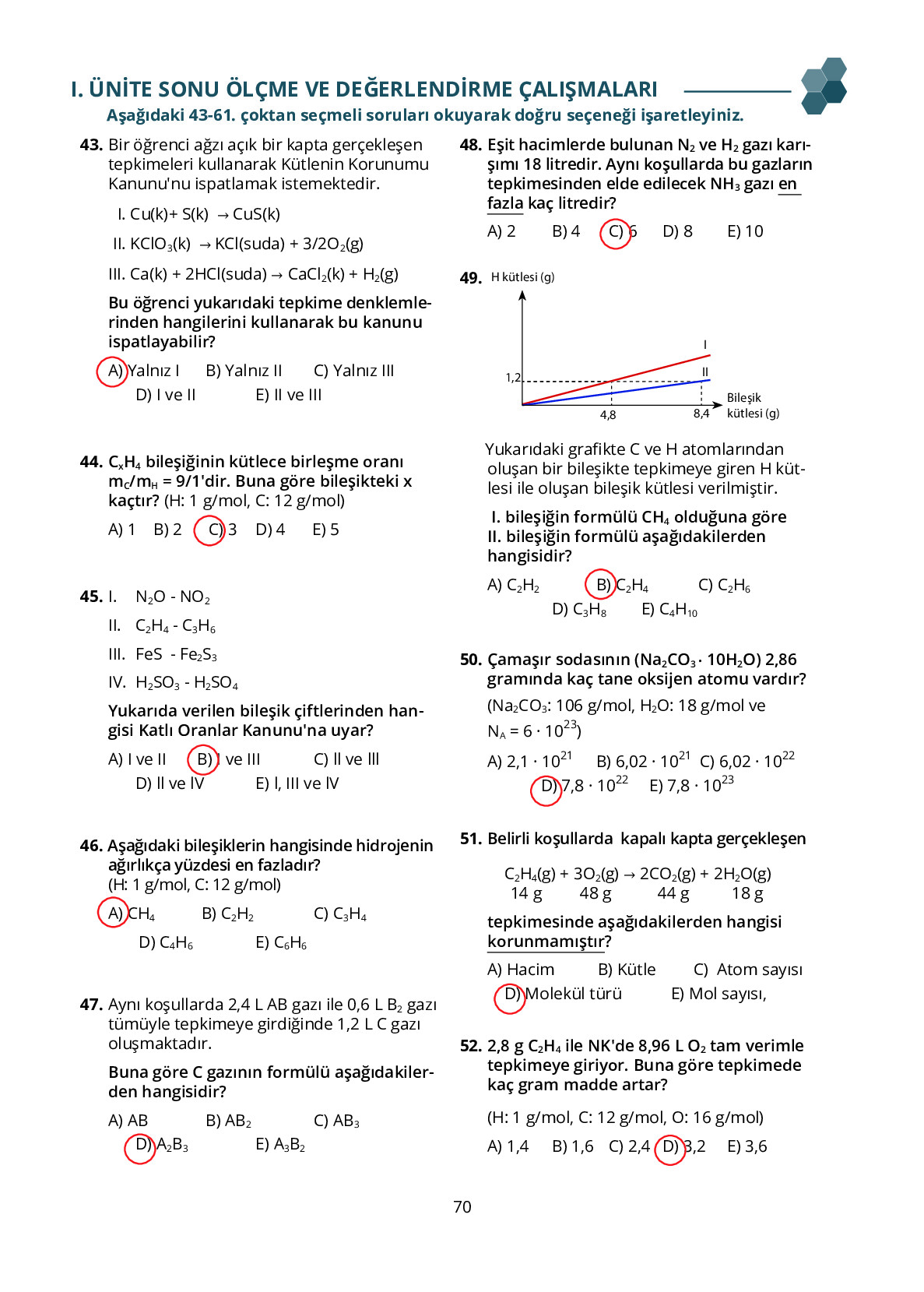 10. Sınıf Meb Yayınları Fen Lisesi Kimya Ders Kitabı Sayfa 70 Cevapları