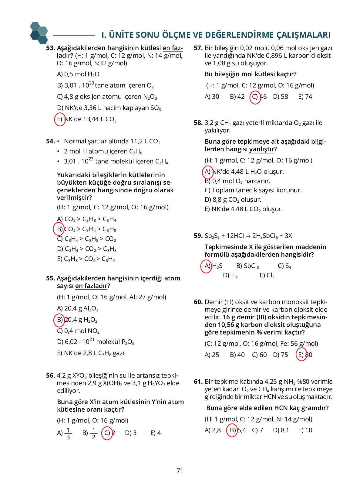 10. Sınıf Meb Yayınları Fen Lisesi Kimya Ders Kitabı Sayfa 71 Cevapları