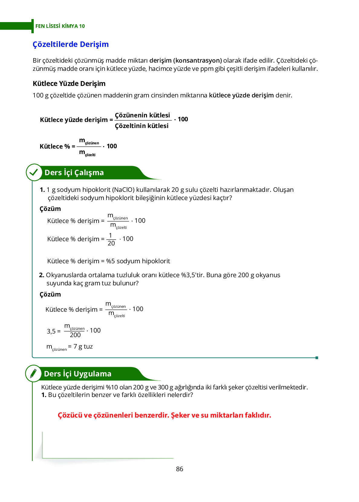 10. Sınıf Meb Yayınları Fen Lisesi Kimya Ders Kitabı Sayfa 86 Cevapları