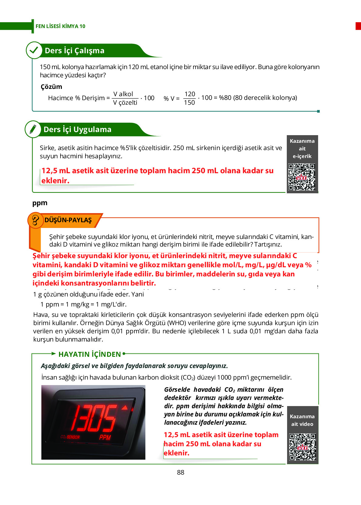 10. Sınıf Meb Yayınları Fen Lisesi Kimya Ders Kitabı Sayfa 88 Cevapları