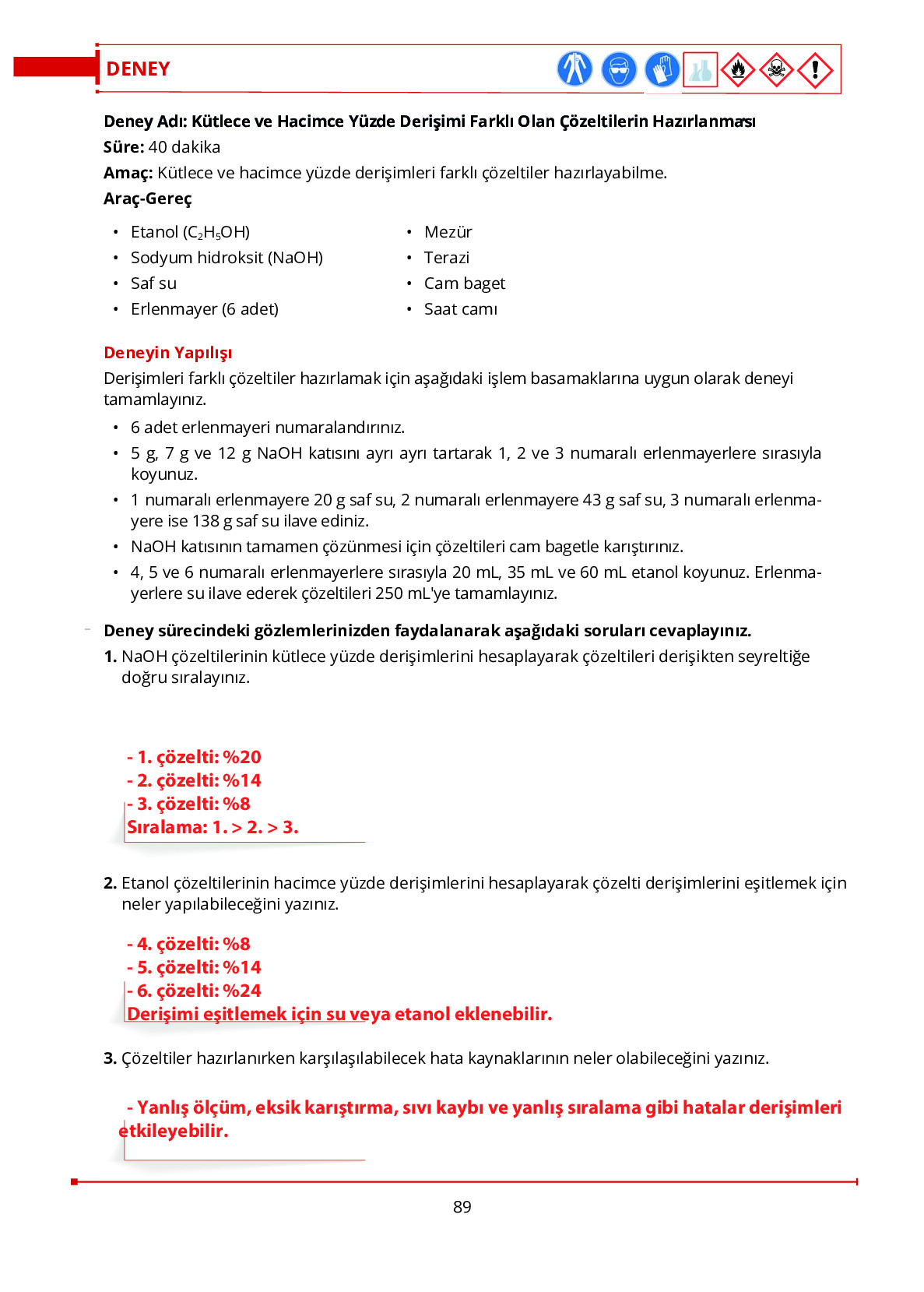 10. Sınıf Meb Yayınları Fen Lisesi Kimya Ders Kitabı Sayfa 89 Cevapları