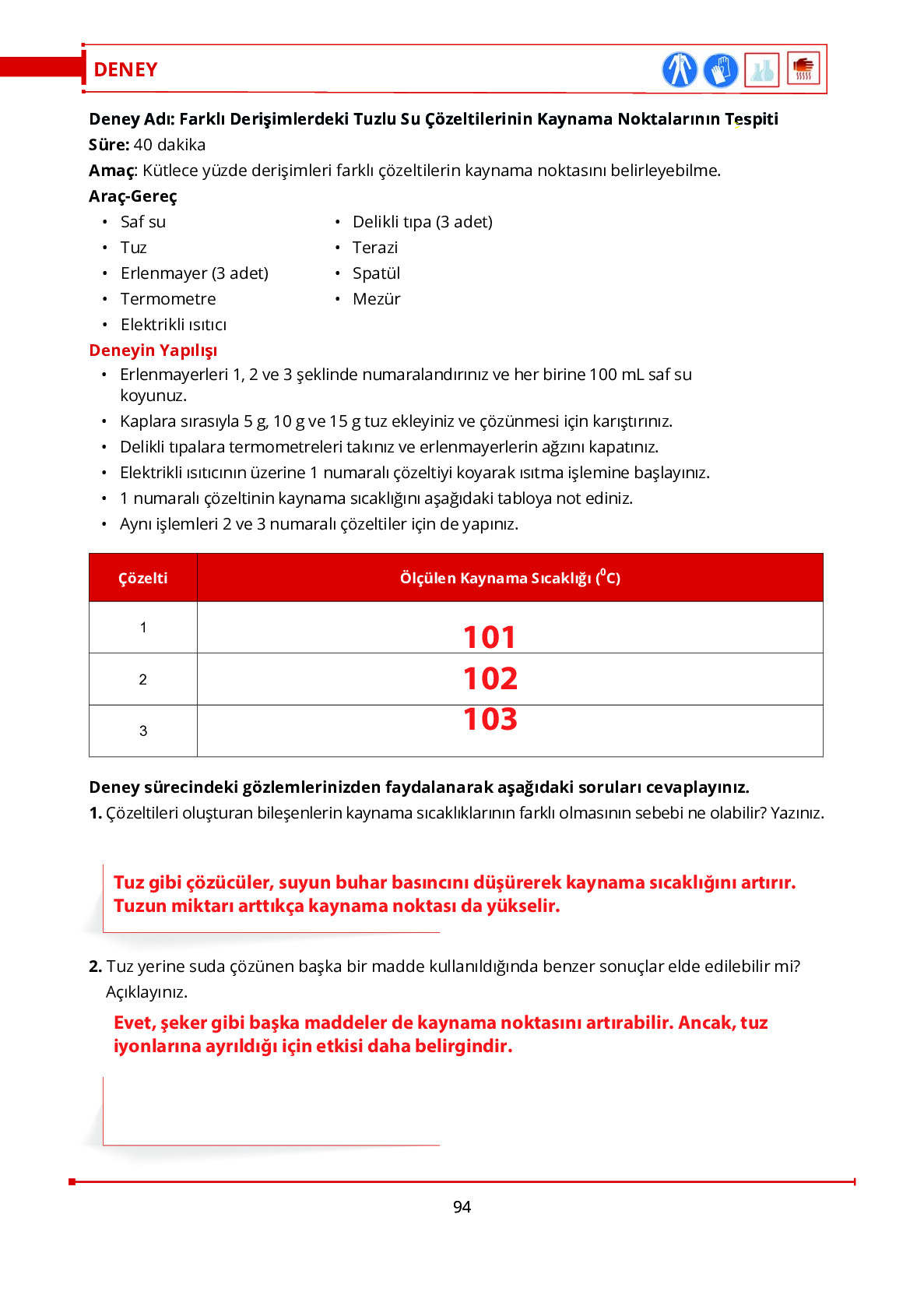 10. Sınıf Meb Yayınları Fen Lisesi Kimya Ders Kitabı Sayfa 94 Cevapları
