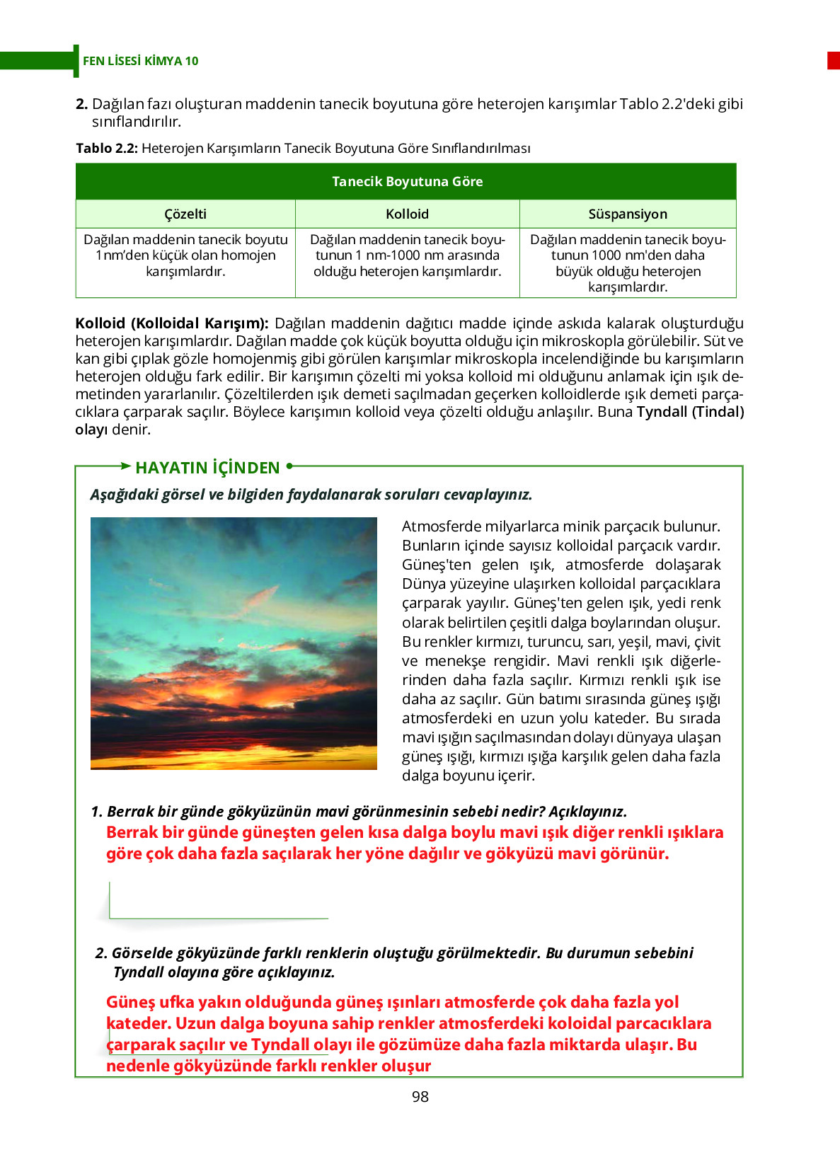 10. Sınıf Meb Yayınları Fen Lisesi Kimya Ders Kitabı Sayfa 98 Cevapları