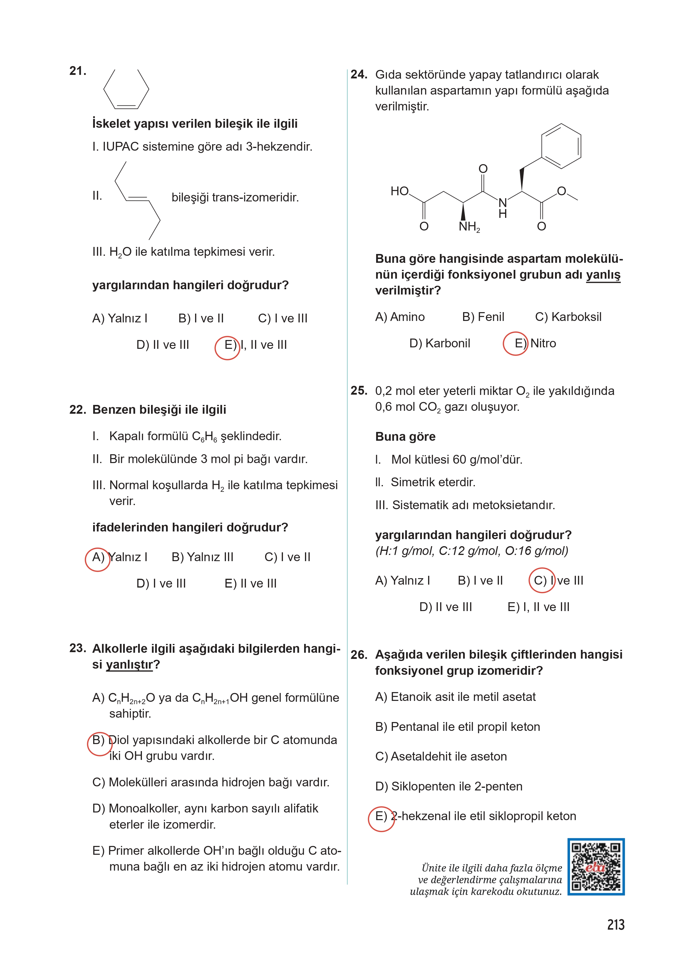 12. Sınıf Meb Yayınları Fen Lisesi Kimya Ders Kitabı Sayfa 213 Cevapları