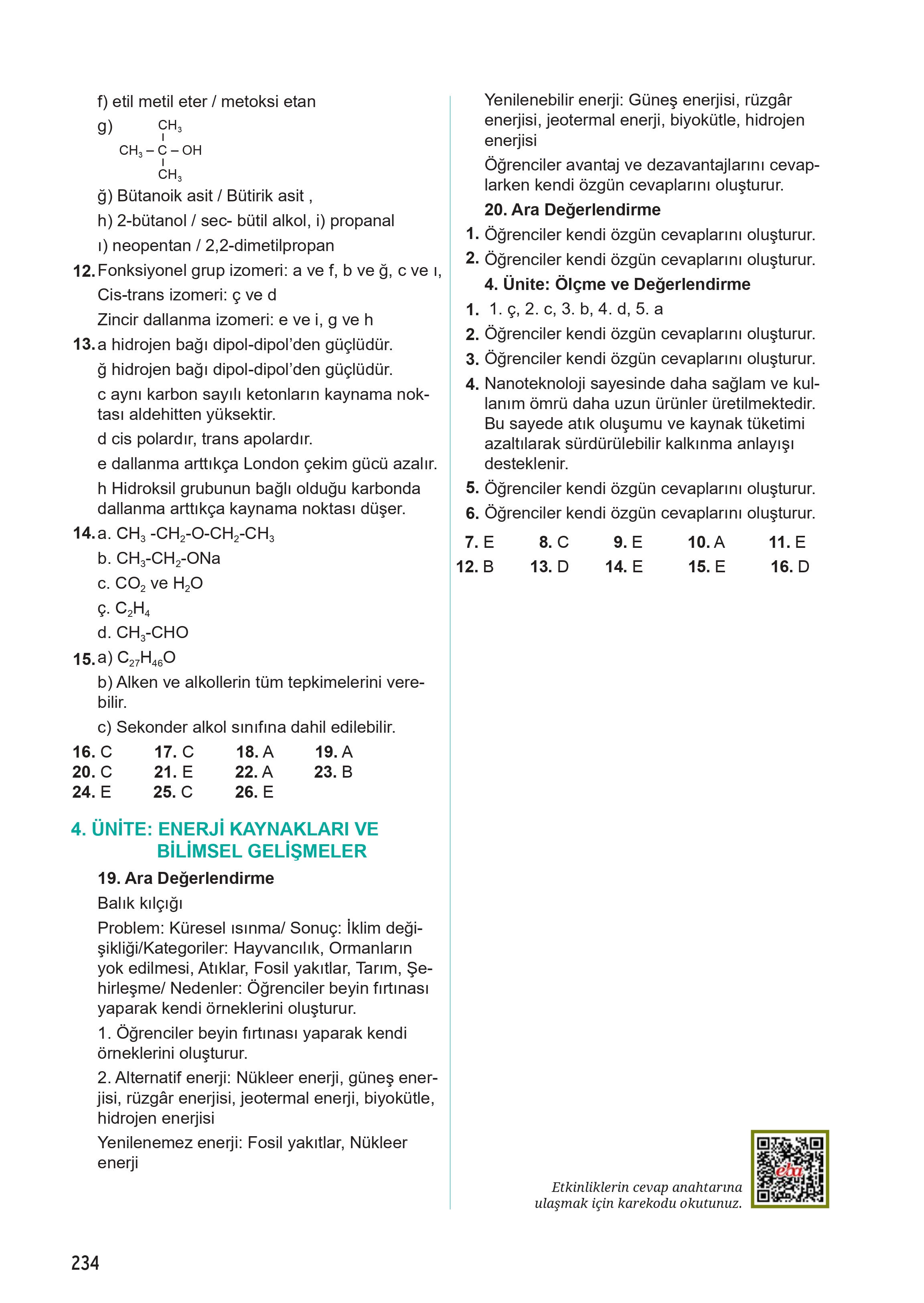 12. Sınıf Meb Yayınları Fen Lisesi Kimya Ders Kitabı Sayfa 234 Cevapları