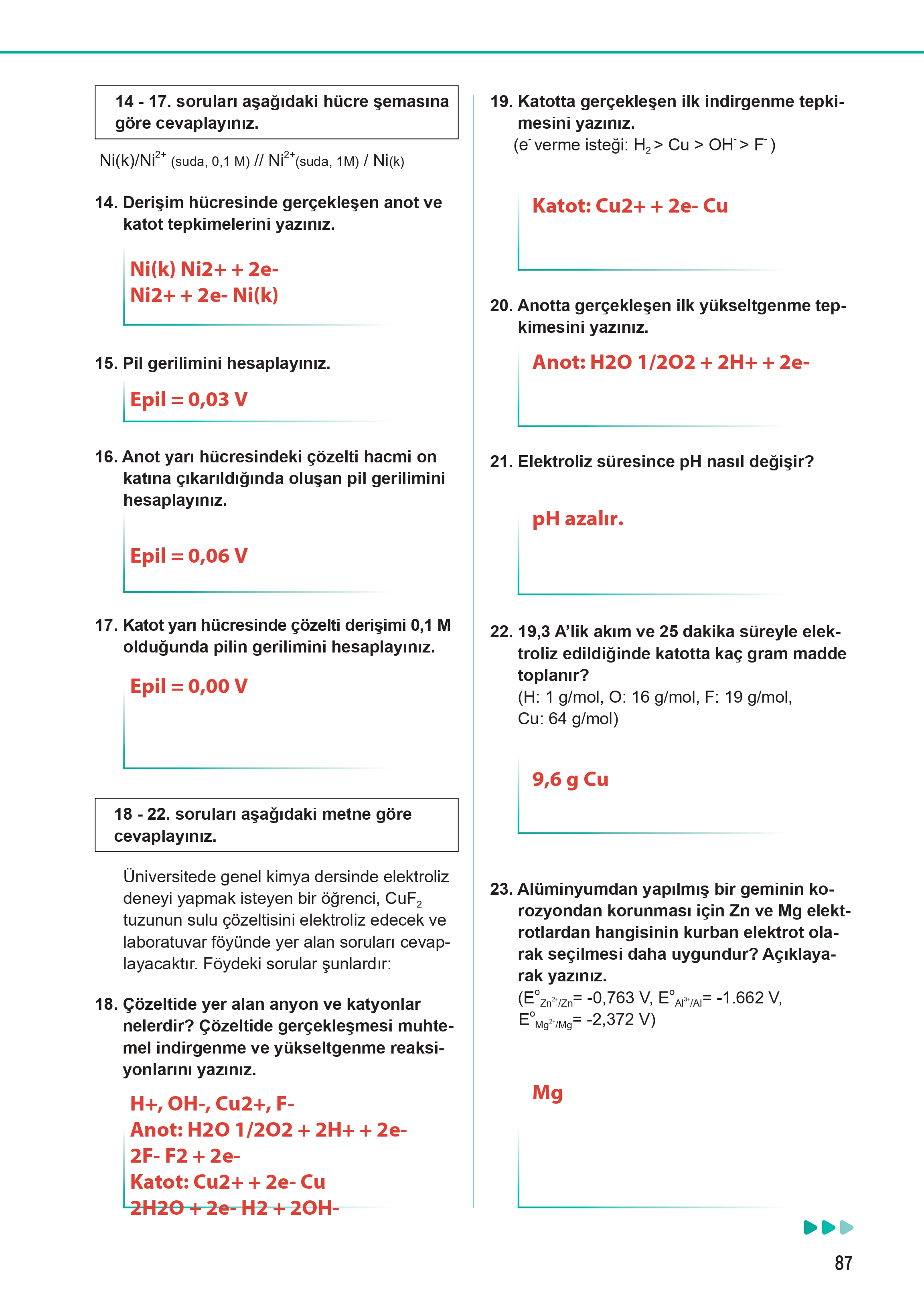 12. Sınıf Meb Yayınları Fen Lisesi Kimya Ders Kitabı Sayfa 87 Cevapları