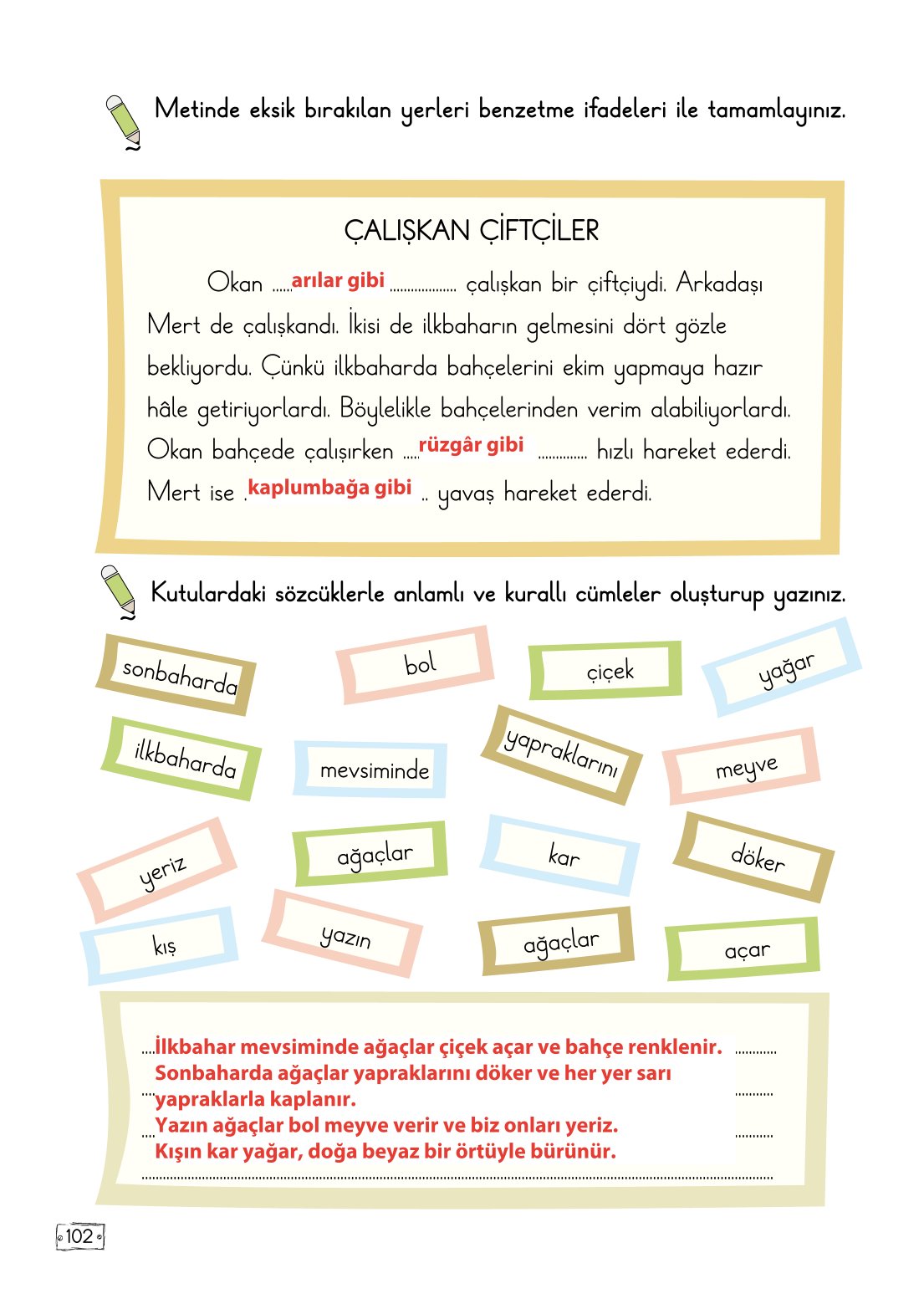 2. Sınıf Meb Yayınları Türkçe Ders Kitabı Sayfa 102 Cevapları