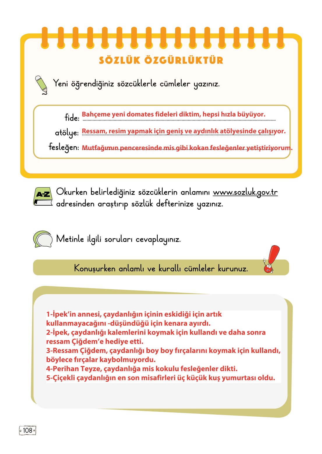 2. Sınıf Meb Yayınları Türkçe Ders Kitabı Sayfa 108 Cevapları