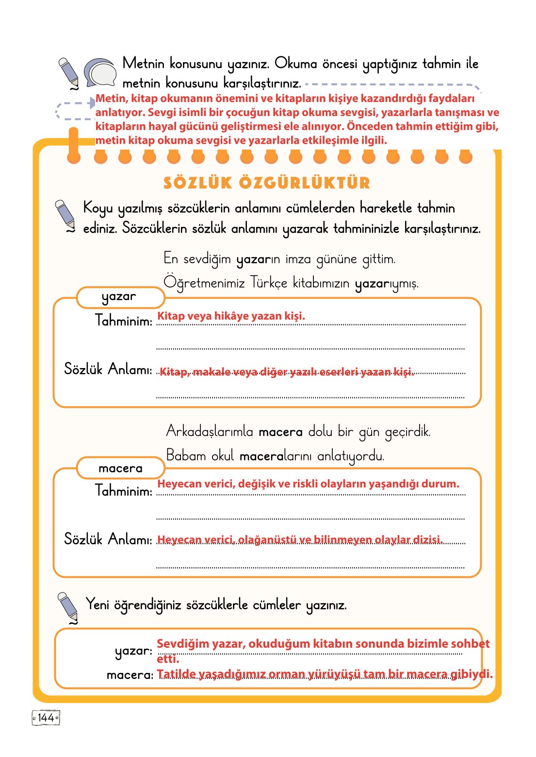 2. Sınıf Meb Yayınları Türkçe Ders Kitabı Sayfa 144 Cevapları
