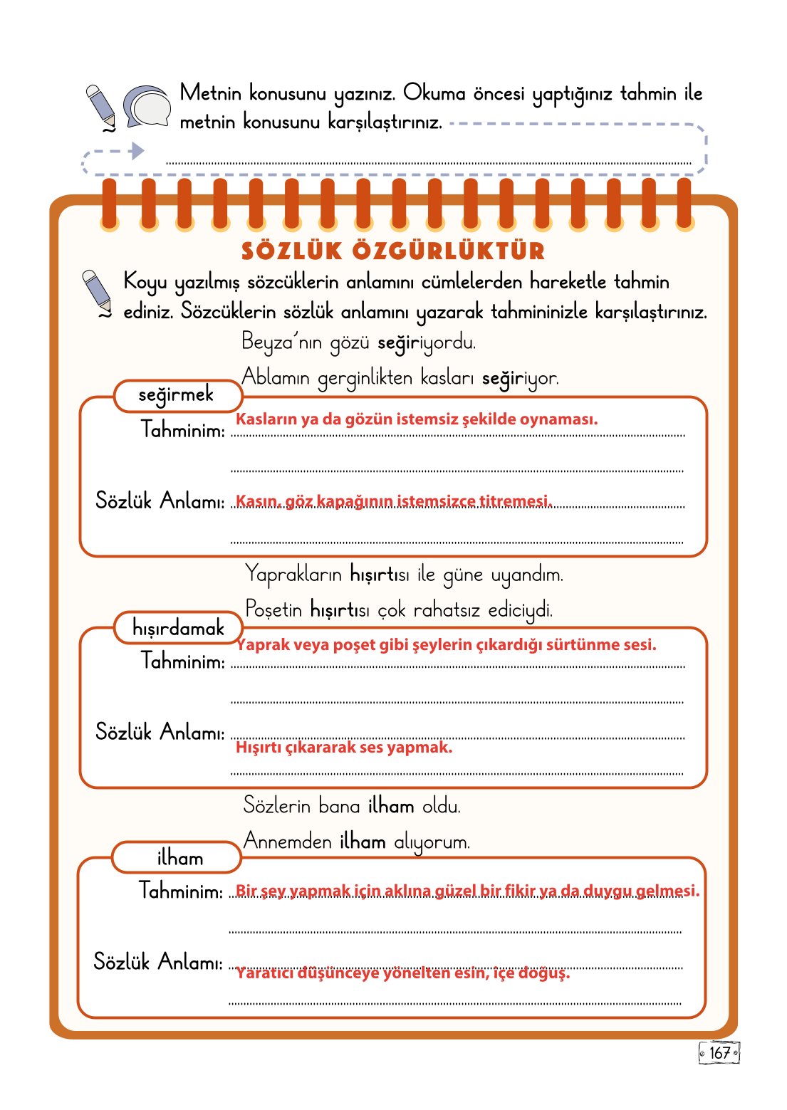 2. Sınıf Meb Yayınları Türkçe Ders Kitabı Sayfa 167 Cevapları